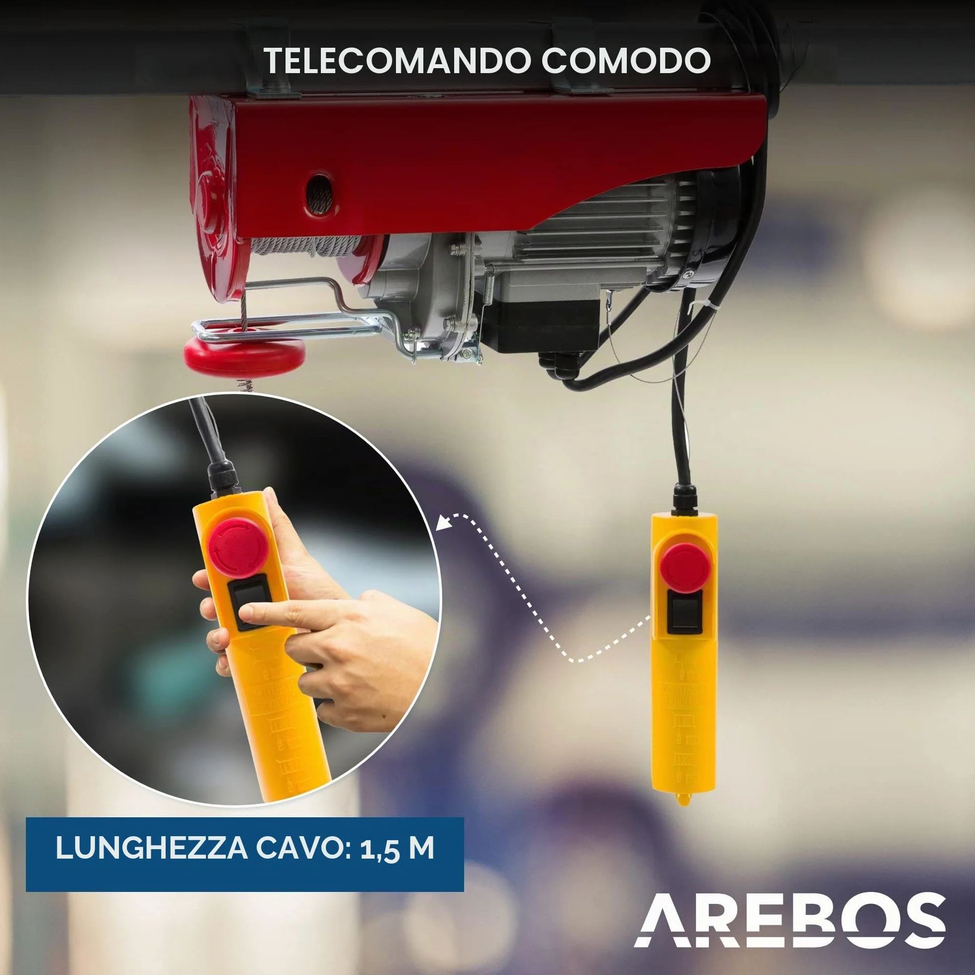 Arebos Paranco Elettrico | 400/800 kg | 1300W | Verricello Elettrico | Montacarichi da Balcone con Telecomando | altezza di sollevamento 12m | Verricellomontacarichi di Sollevamento