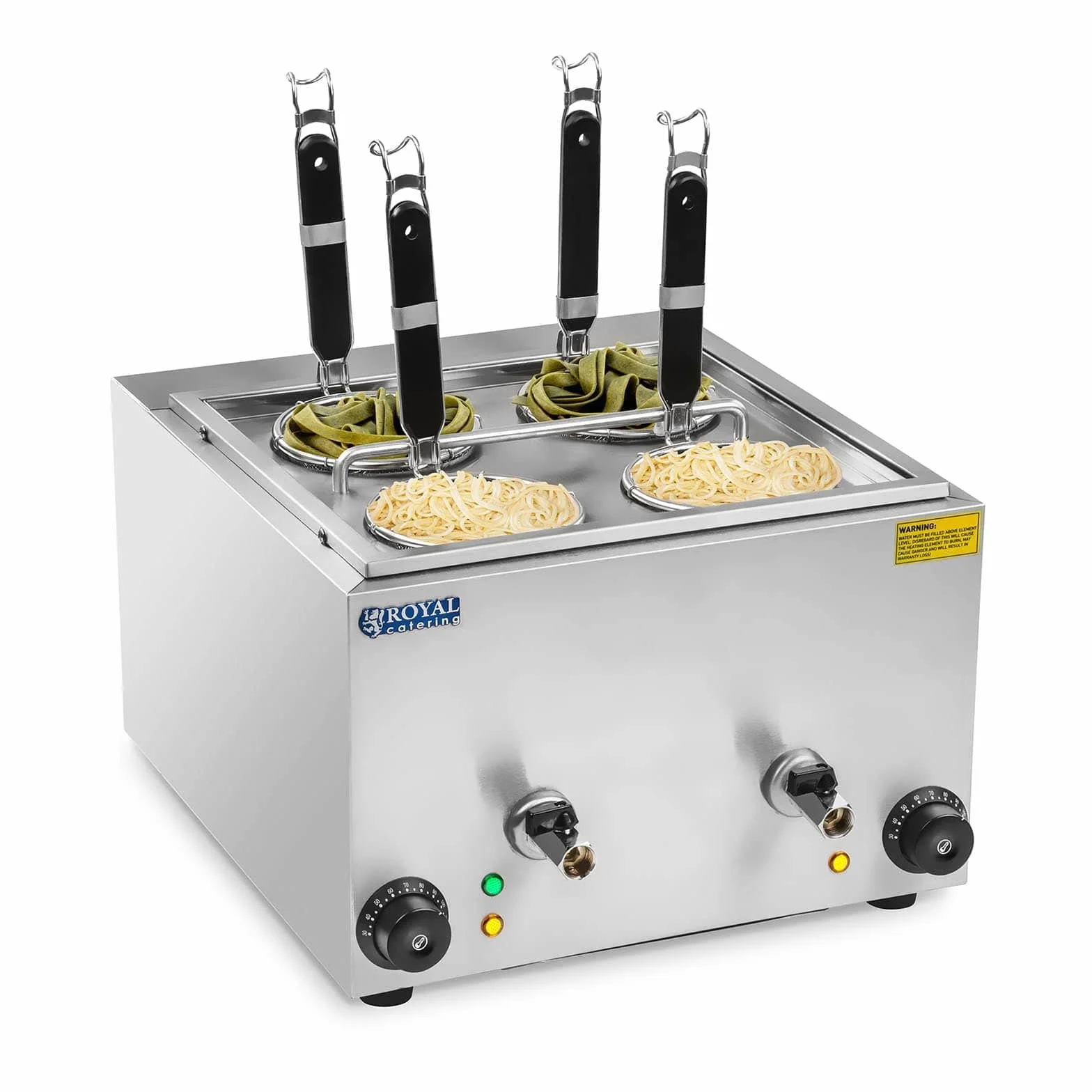 Royal Catering RCNK-4 Cuocipasta Elettrico (4 L, 4 Cestelli, 2 x 1500 W, 230 V, Rubinetto di Scarico, Acciaio Inox)