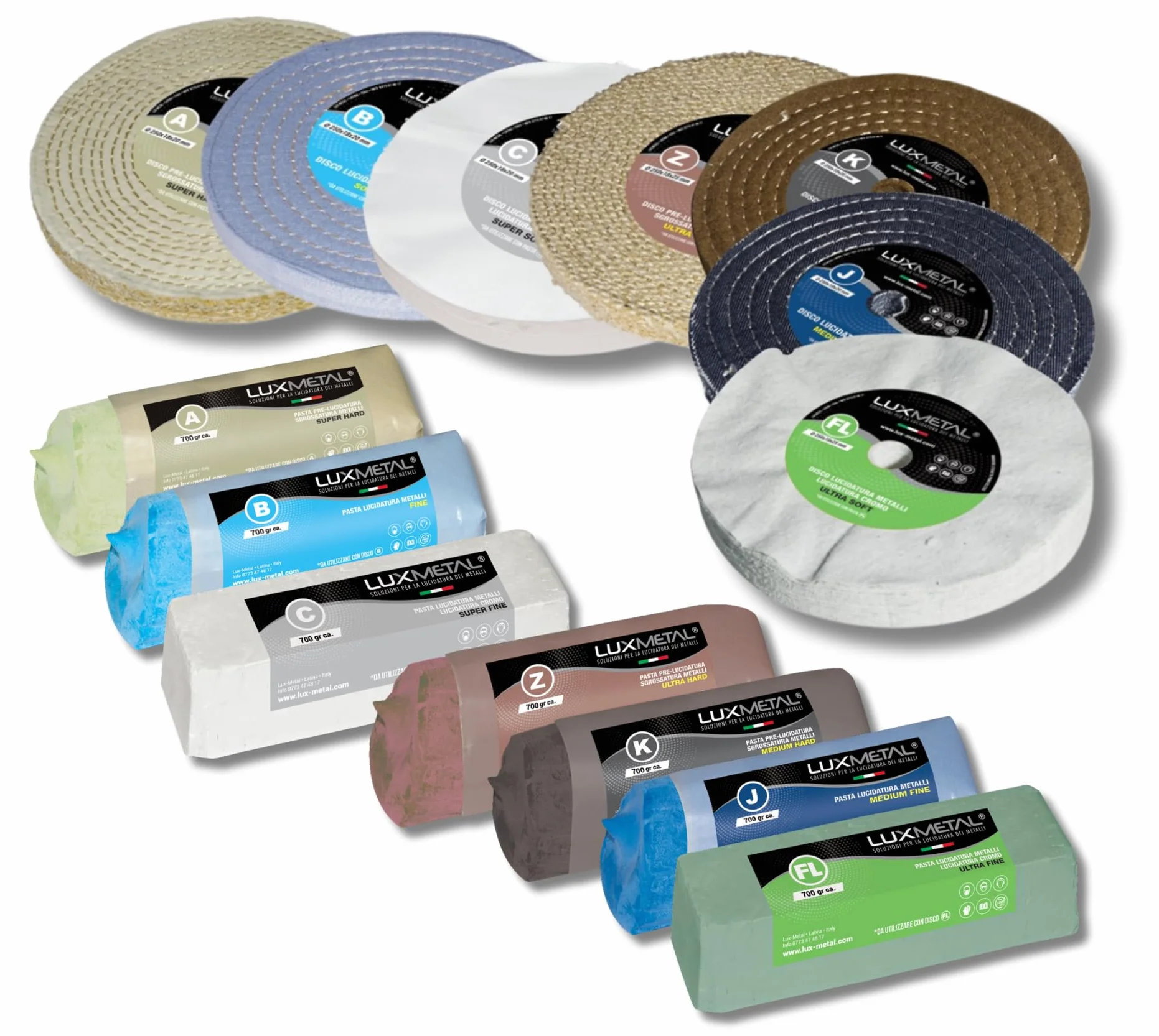 Lux Metal - Kit 7 Disco Lucidante 250 mm e 7 Pasta Abrasiva Lucidante 700 gr - Per Alluminio, Ferro, Acciaio Inox, Bronzo, Marmo - Ruota Lucidatura Metalli Mola Smerigliatrice Feltro