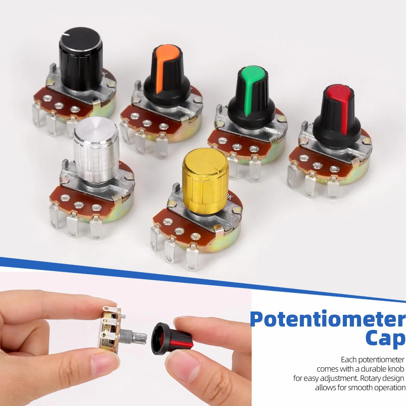 Glarks 57pcs WH138 Potenziometro Rotativo Lineare Singolo Giro B5K B10K B50K B100K B250K B500K B1M OHM 3 Pin Zigrinato in Lega di Alluminio