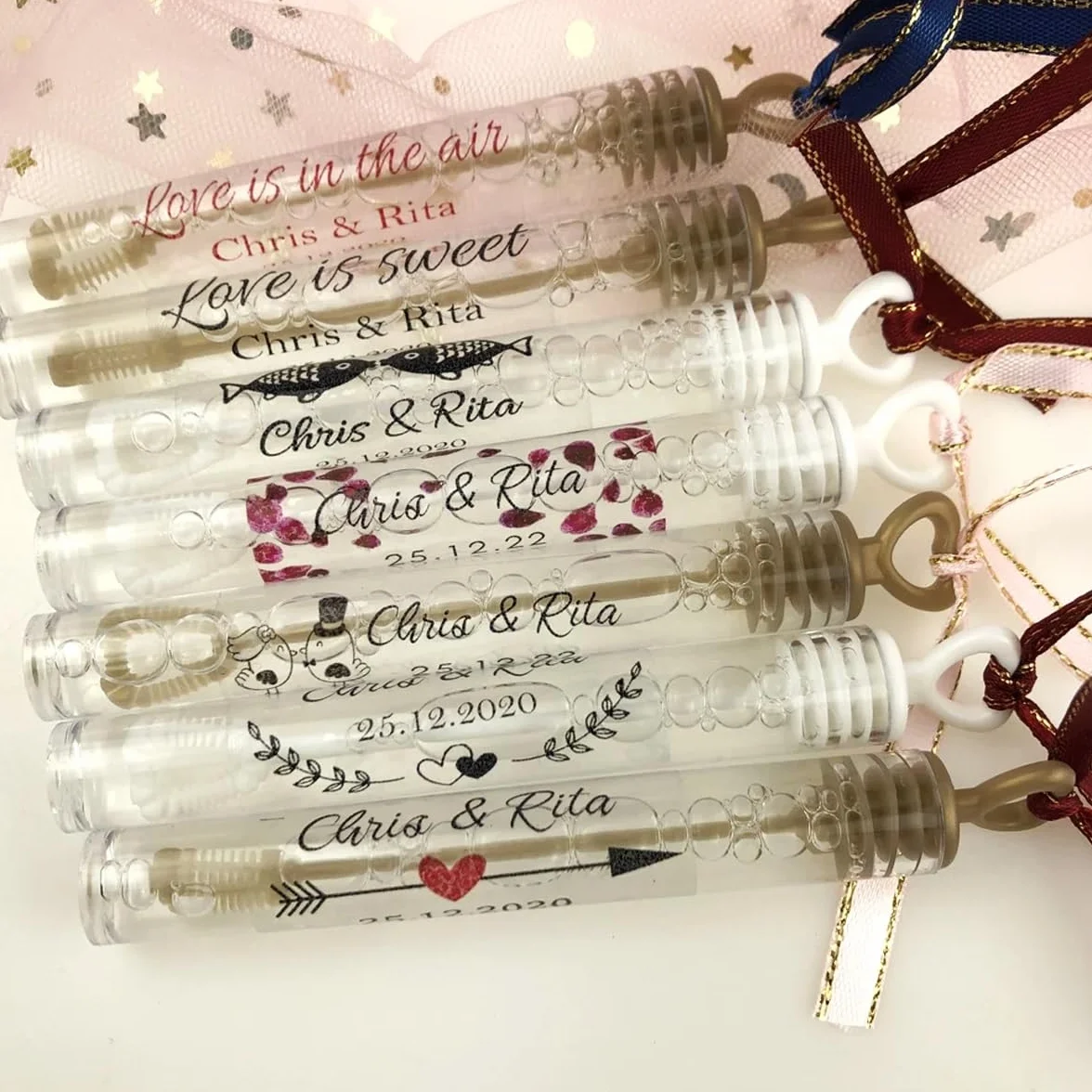 Etichette personalizzate for tubi di bolle di sapone for matrimonio Adesivi personalizzati con nome for bacchette di bolle trasparenti Decorazione for matrimonio trasparente 100 pezzi