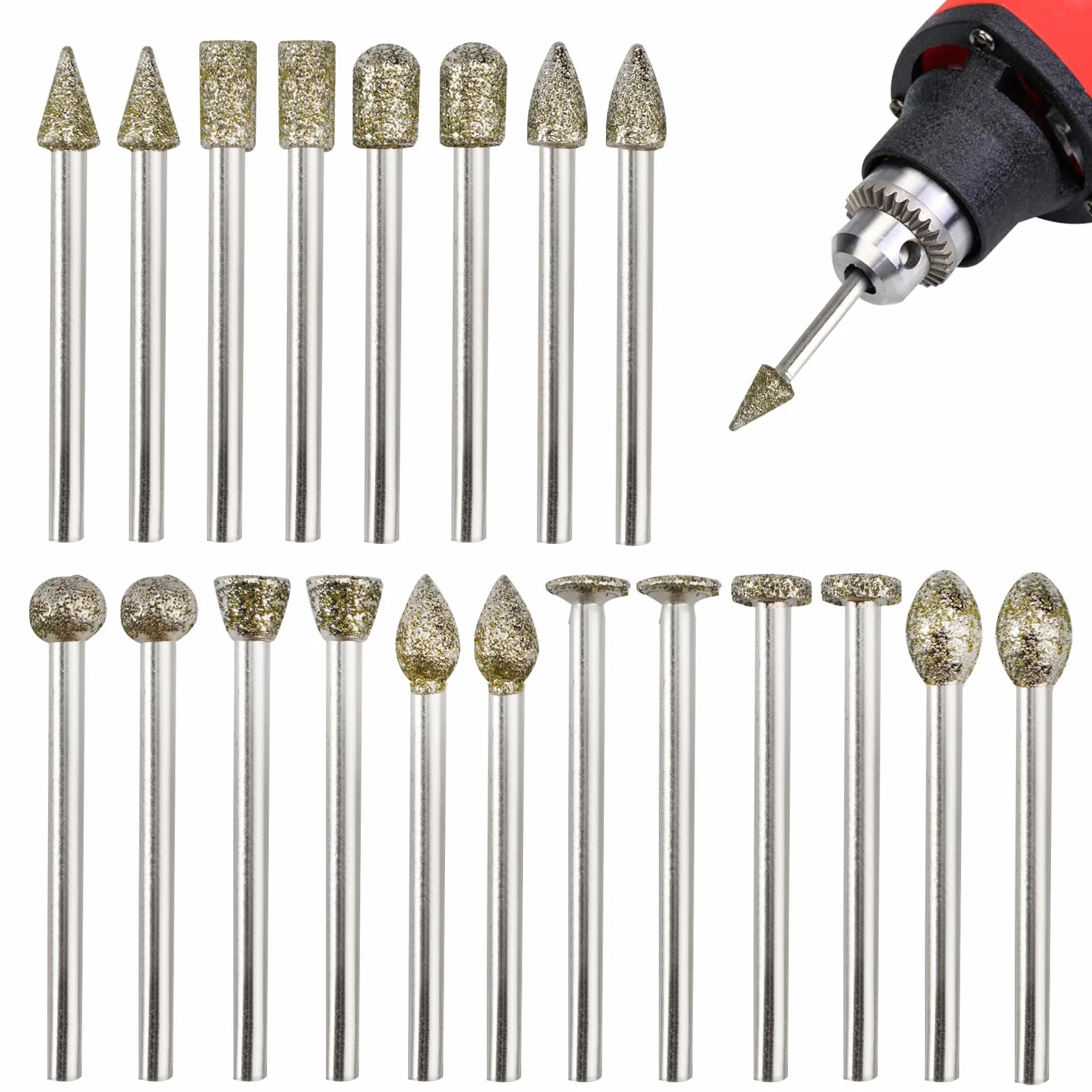 Set 20 Pezzi di Frese Diamantate per Intaglio,Set di Frese Diamantate con 3mm Gambo,Rotanti in Acciaio,Rotanti in Carburo di Tungsteno,per Rettifica,lucidatura,Incisione