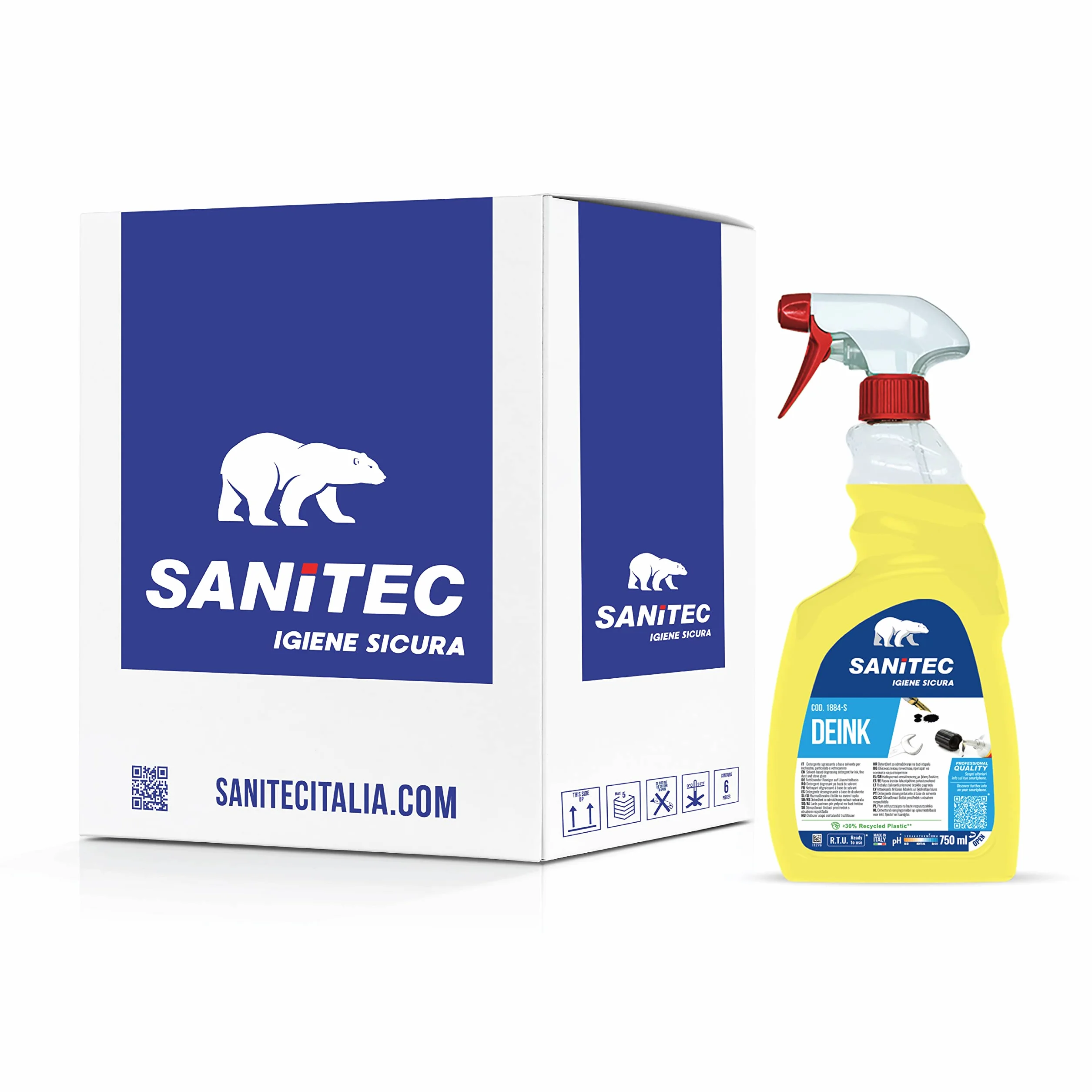 SANITEC igiene sicura Deink, Detergente Profumato, Sgrassante Specifico ed Efficace per Inchiostro, Colla, Grasso e Graffiti, Pulizia Senza Risciacquo e Senza Aloni, Made in Italy, 6 Flaconi 750 ml