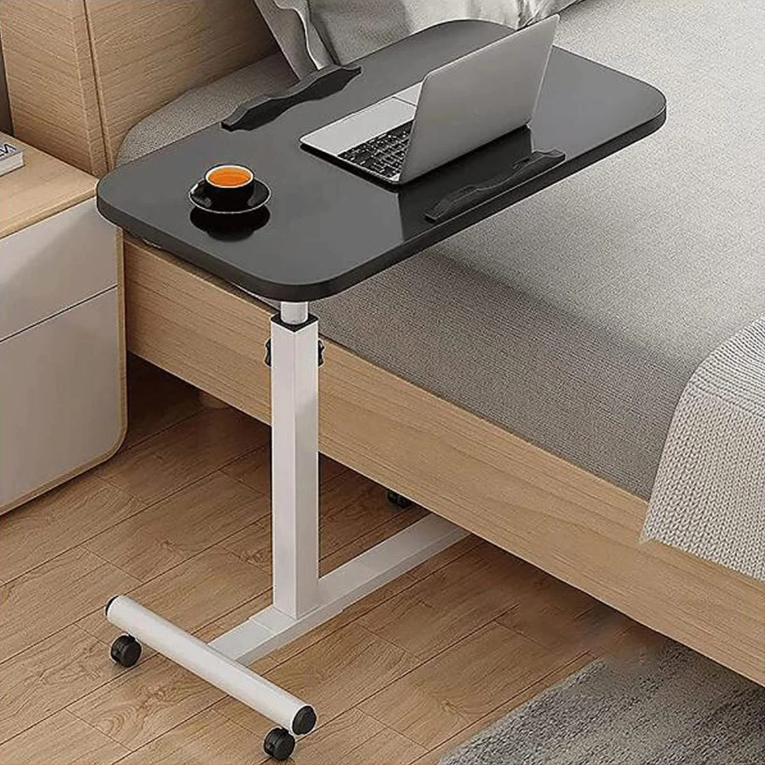 Tavolino da letto mobile con ruote, tavolino portatile sopra il letto, divano, altezza regolabile, tavolo per laptop, ospedale, infermieristica, tavolo da lettura (colore: bianco)