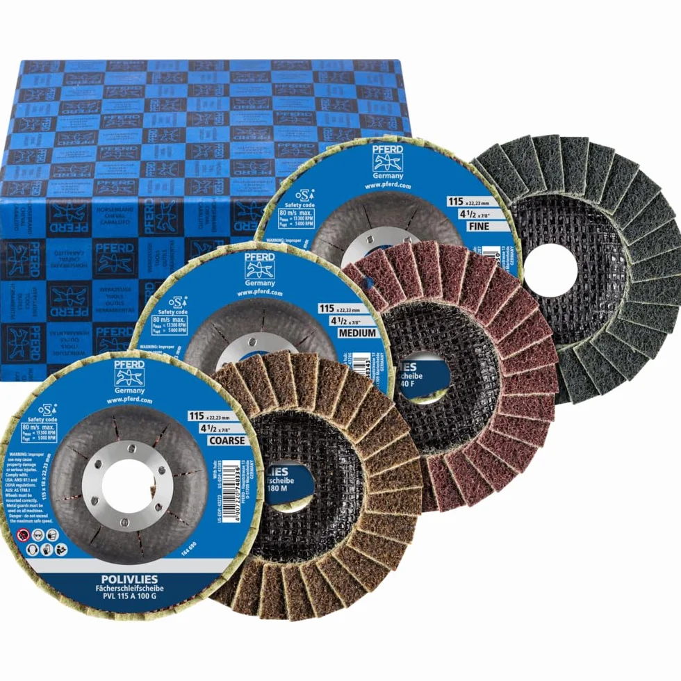 PFERD POLIVLIES Set di dischi in PVL 115, diametro 115 mm, larghezza 18 mm, foro 22,23 mm, corindone A 100,180,280| 44698007 per levigatura fine