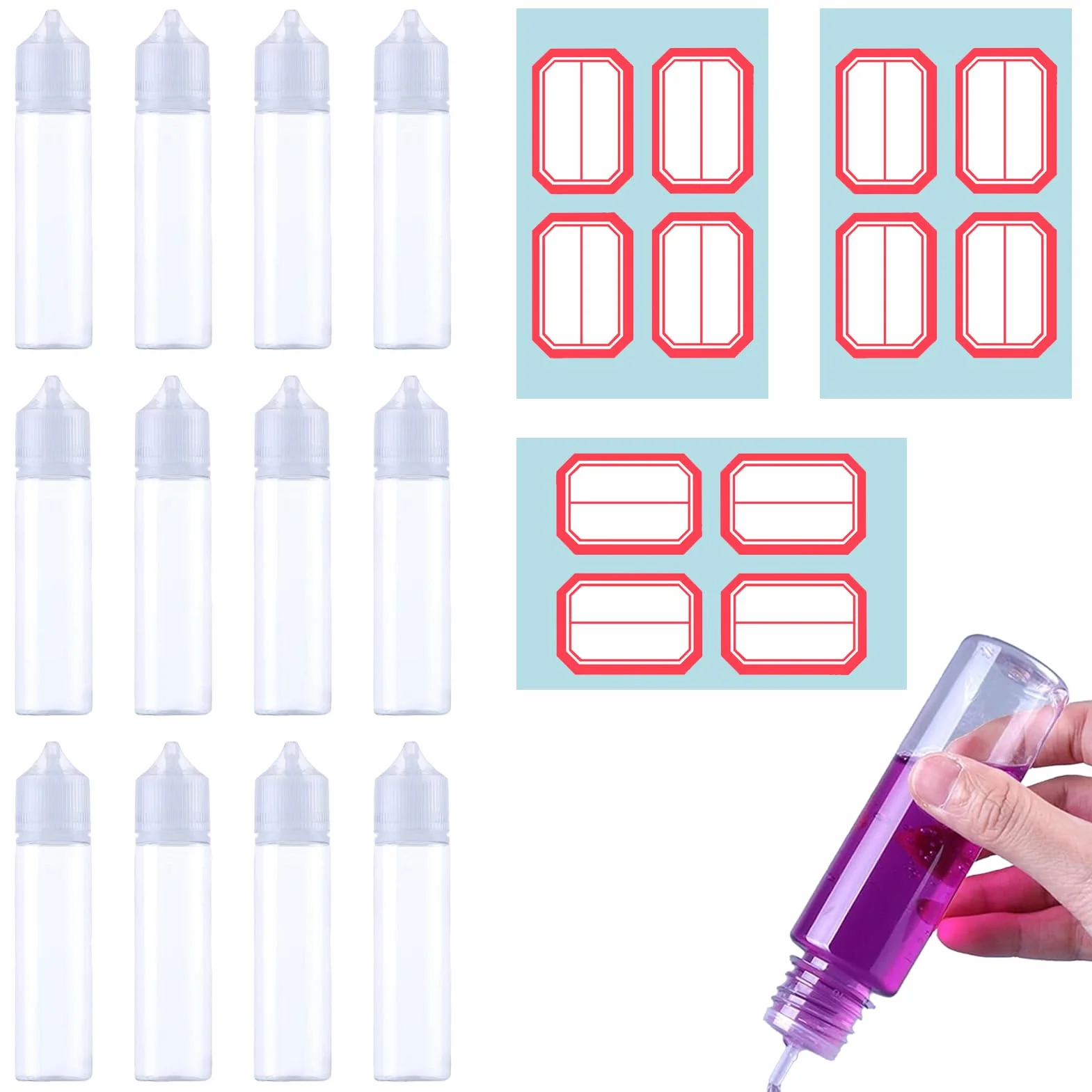 Fiole/flaconcino/bottiglietta in plastica vuota e liquida, 12 Pezzi, Flacone per E-liquido (30 ml), Fiala in plastica, Flacone contagocce, Flacone con etichette a tappo conico per colla e altri