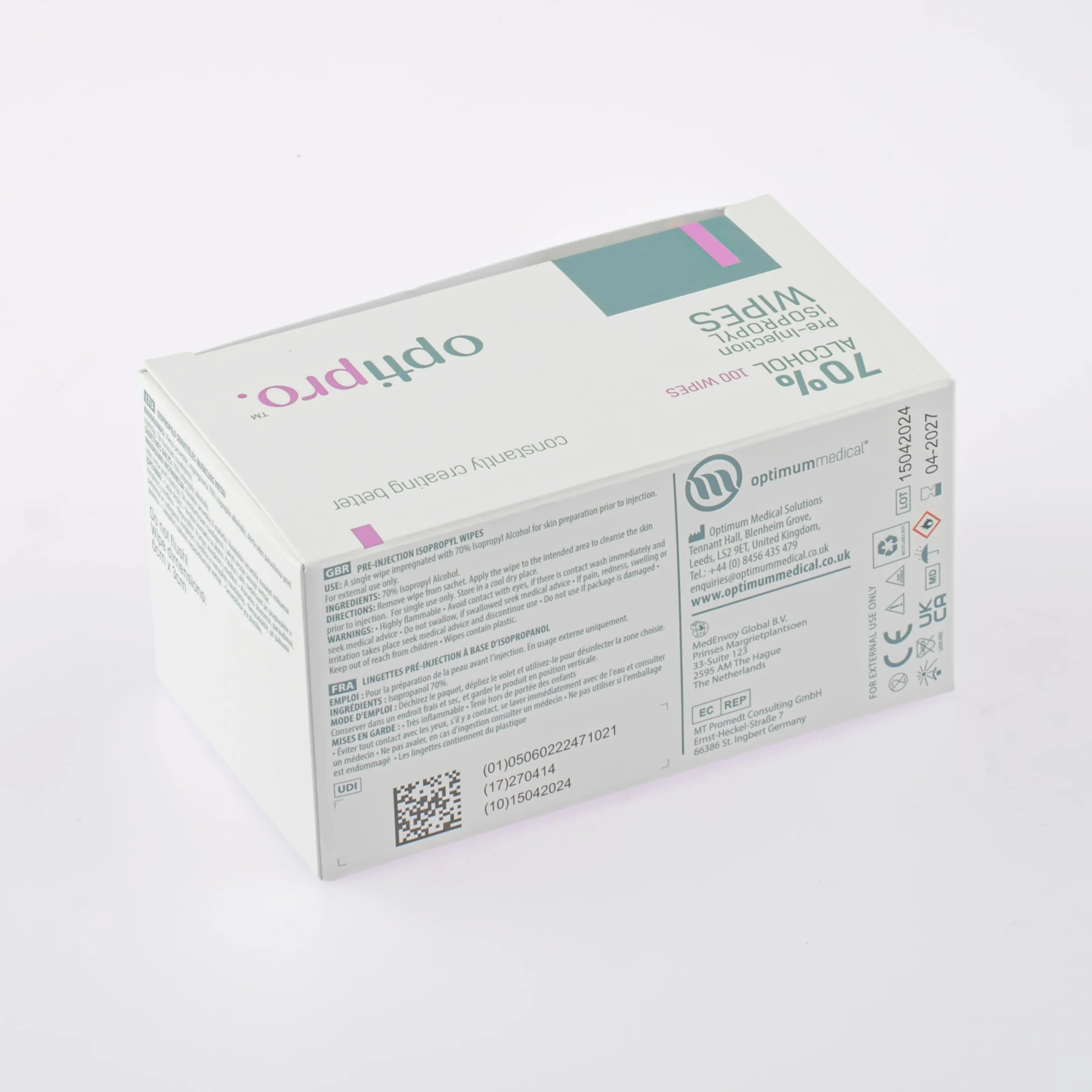 OptiPro Salviettine Pre-iniezione Alcol Isopropilico 70% Confezione 100