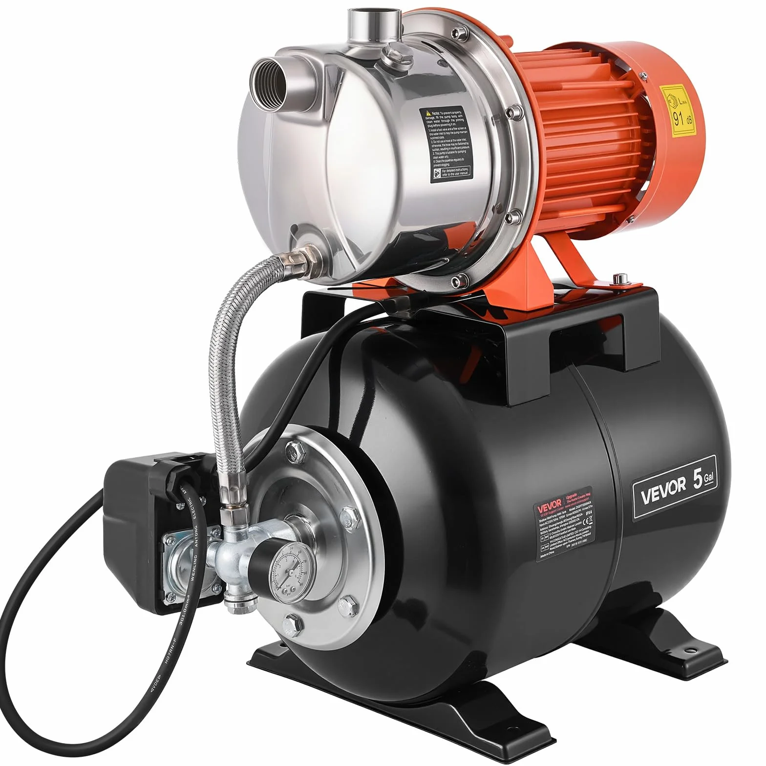 VEVOR Pompa per Pozzi Senza Filtro 1176 W, Pompa per Pozzi Poco Profondi con Serbatoio a Pressione 19 Litri Irrigazione da Giardino Prati Testa in Acciaio Inox Flusso max 6000 L/h, Prevalenza 57 m