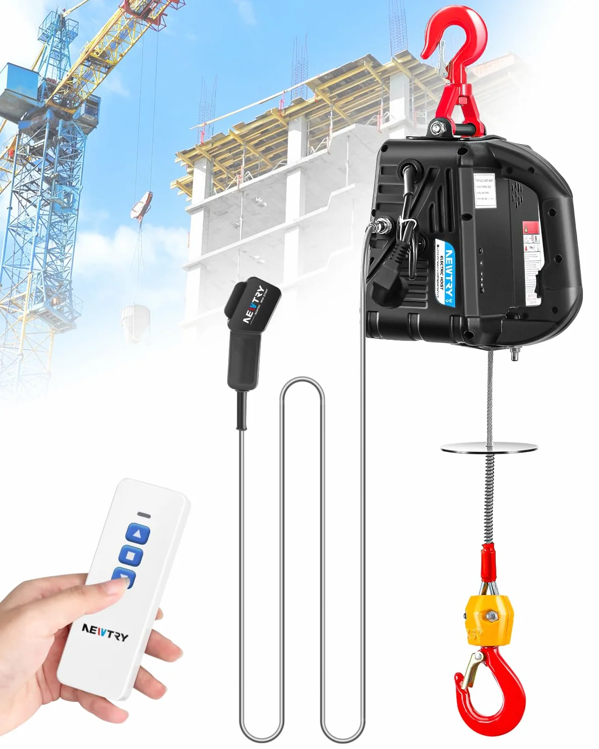 NEWTRY 3 in 1 Paranco elettrico telecomando senza fili 11,8 m/38ft 1500 W Winch elettrico con protezione da sovraccarico (carico 300 kg)