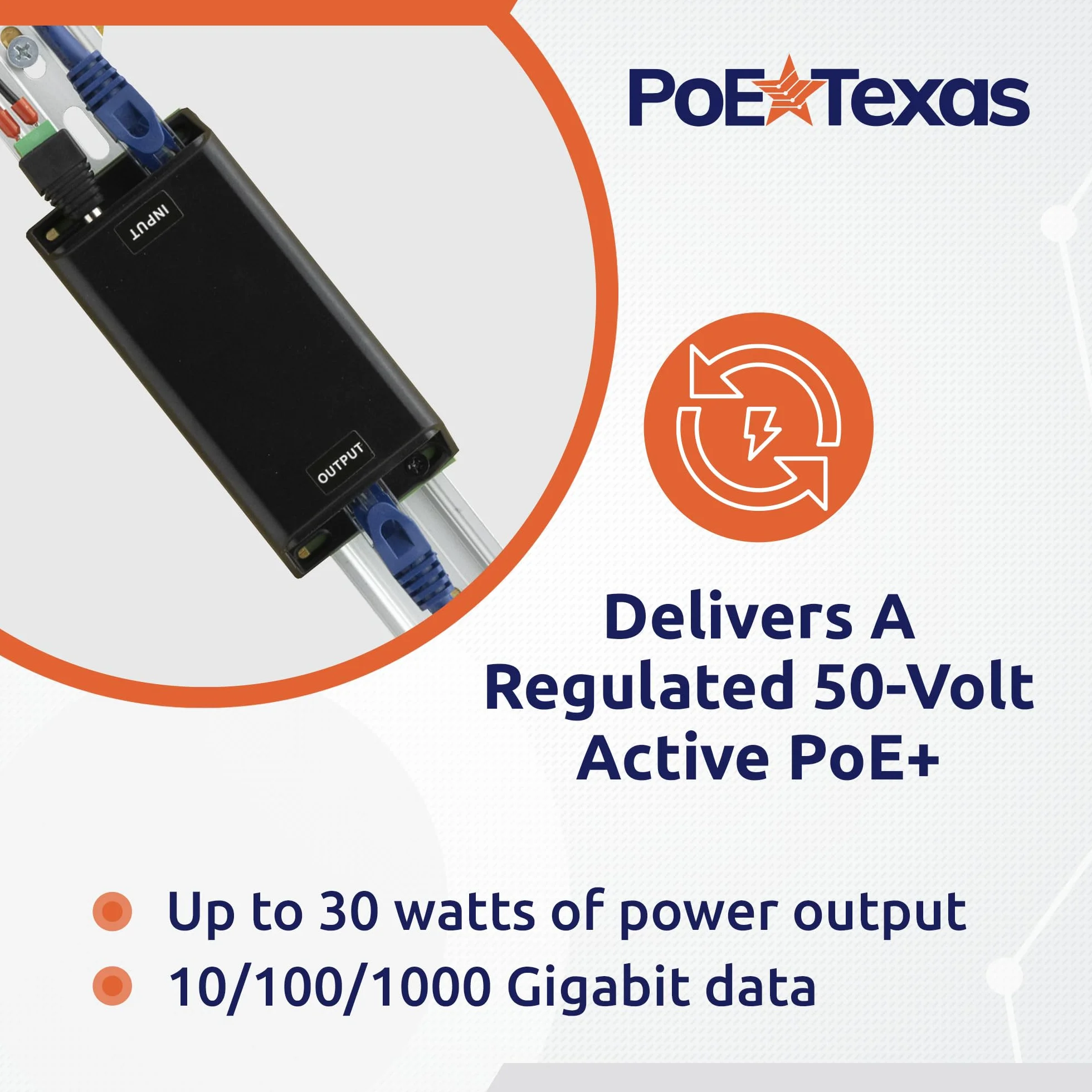 PoE Texas DC-Powered PoE+ (30 watt) Gigabit Inline Injector Converts 12-60V in to 50 Volt IEEE 802.3at PoE+ Out - Variable DC PoE Injector for Solar & Battery Powered Installations, WiFi & More