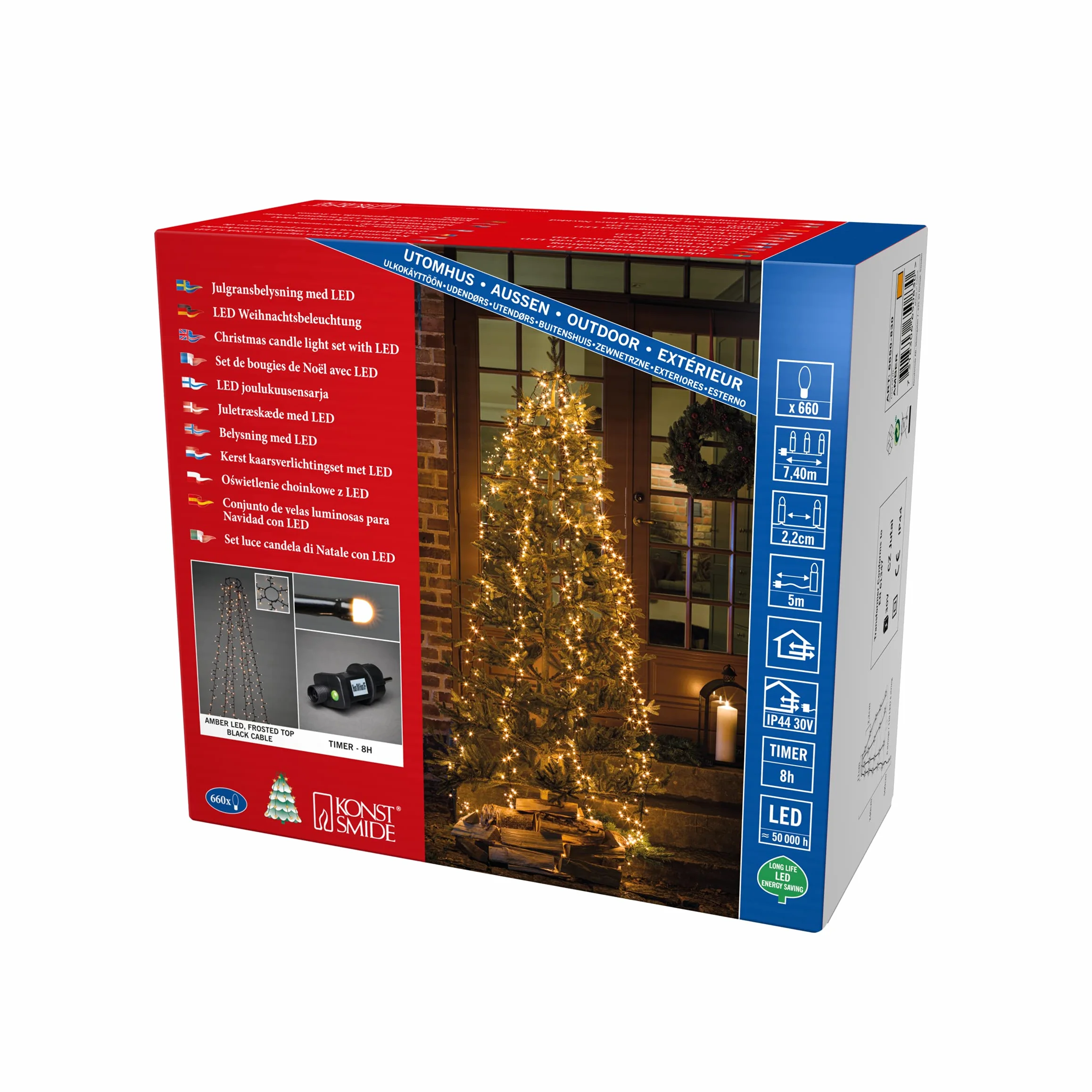 Konstsmide Micro LED Compactlights - Guaina con anello, 6 fili da 110 diodi smerigliati, timer da 8 ore, 660 diodi ambrati, trasformatore esterno da 30 V (IP44), 6 W, cavo nero, 6650-830, 660 LED
