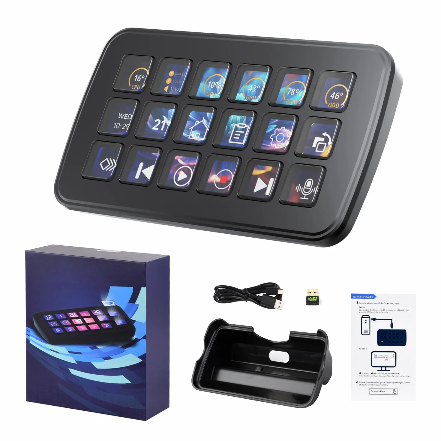 Waveshare SK18 Multi-Functional AI Voice Control Panel, Onboard 18 x Membrane LCD Macro Keys, Supports Linux & QMK Dual-System Architecture and AIDA64