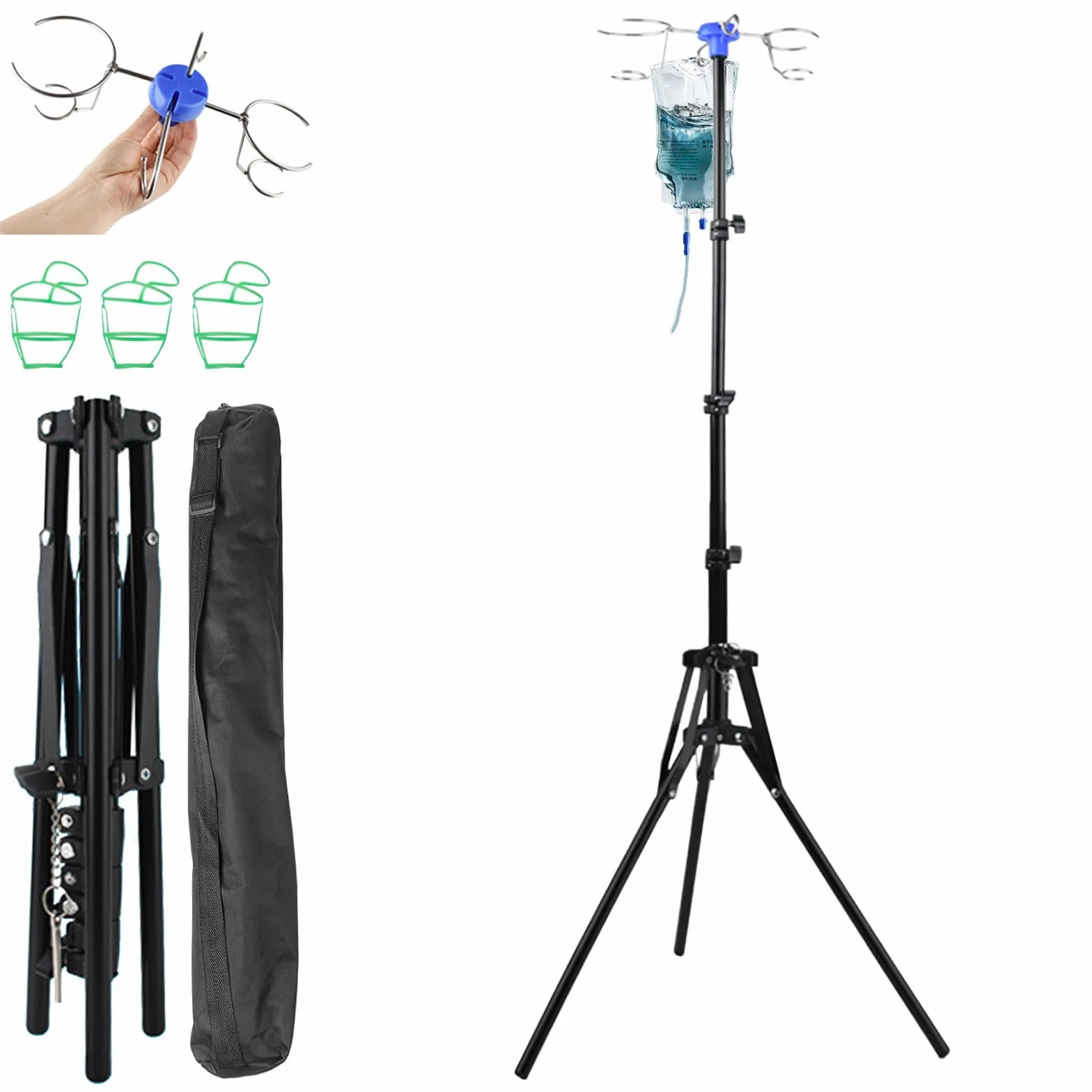 Supporto regolabile per infusione, pieghevole, altezza regolabile 87-190 cm, scolapiatti con 4 ganci e pratico supporto per fiale, con treppiede stabile, per ospedale e cura domestica