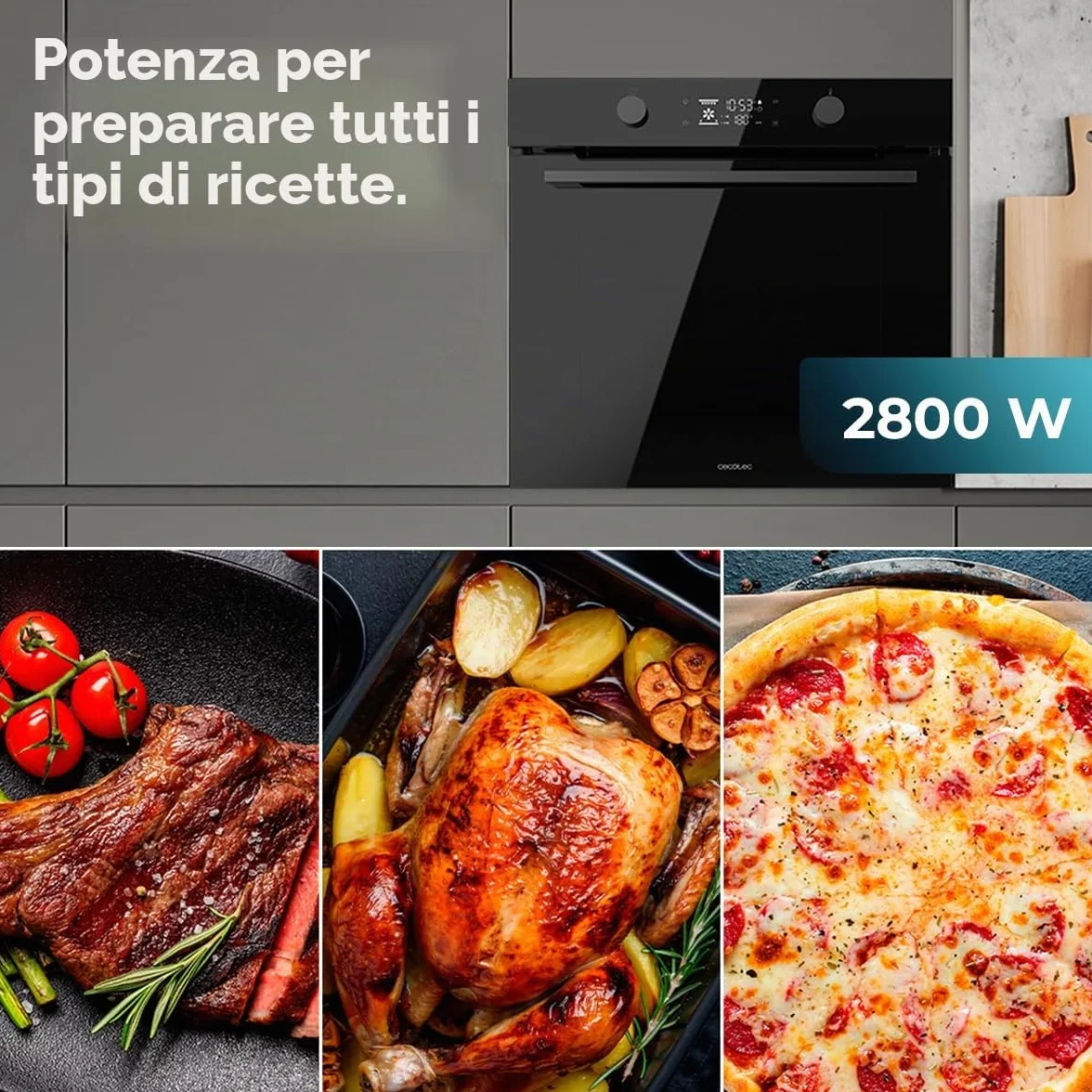 Cecotec Forno da Incasso Multifunzione Pirolitico Bolero Hexa P526000 Glass Black A. 2800W, 73L, 9 funzioni: Defrost, Convenzionale, Grill, Pirolisi. Display Touch, Cooling Fan, Porta Vetro, Classe A