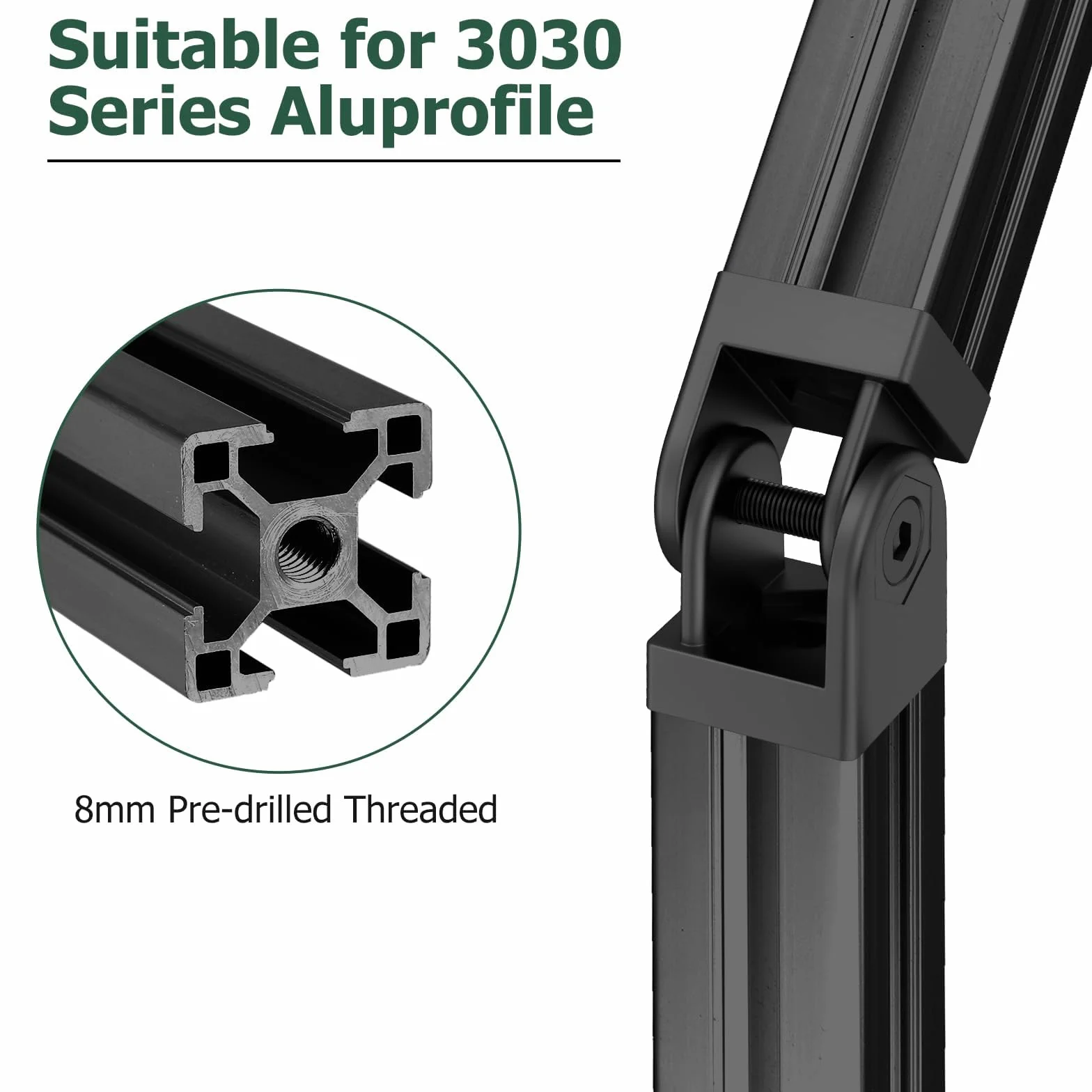 JiGiU Giunto angolare nero regolabile per profilo in alluminio 3030, 8 mm, con leva di serraggio, cerniera flessibile, materiale di fissaggio per parti della stampante 3D, progetti fai da te (4 pezzi)