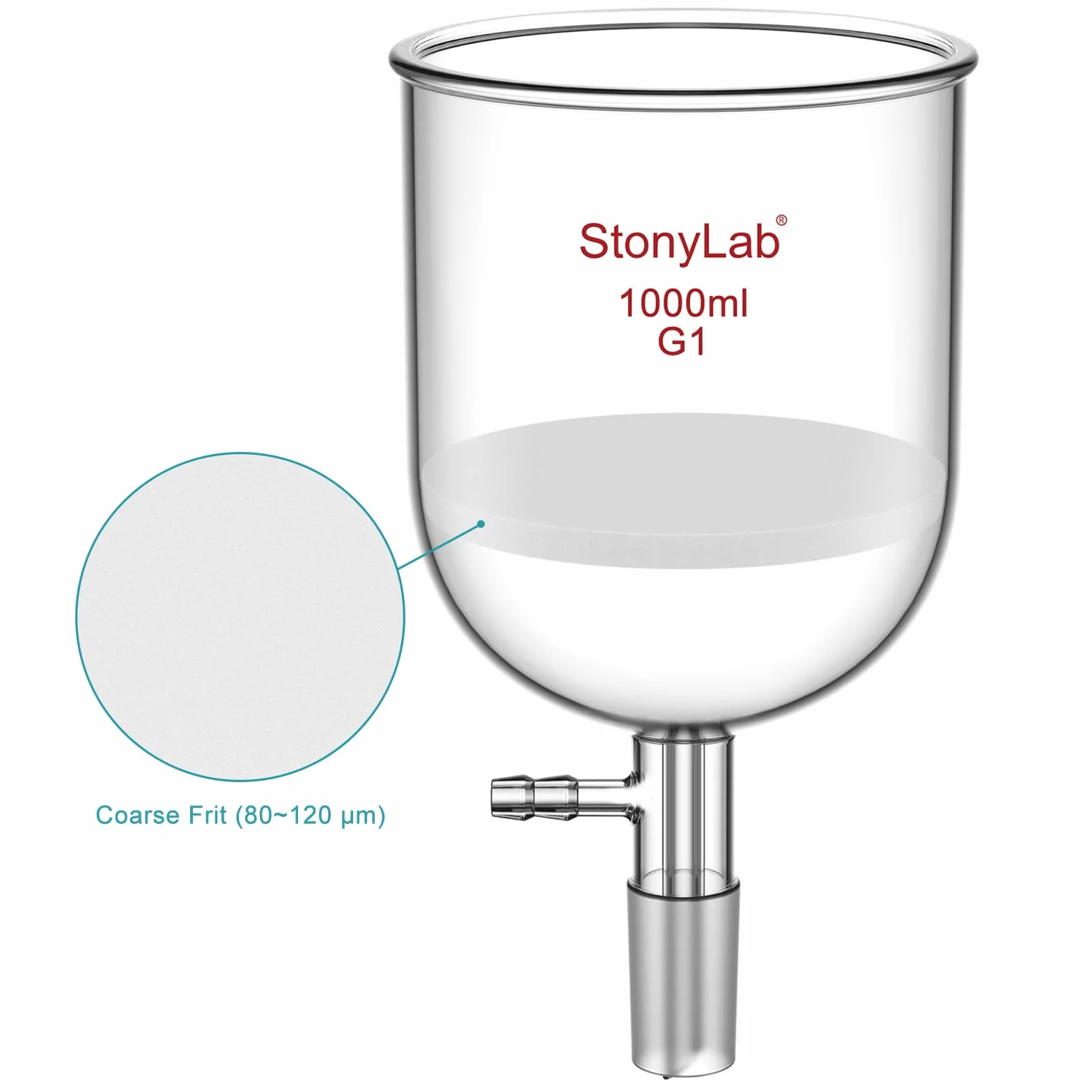 StonyLab Vetro Borosilicato Imbuto Filtrante Buchner con Fritta Grossolana (G1), Buchner Funnel con Diametro Interno 113mm, Profondità 110 mm, con Giunto 24/40 e Tubazione Dentata sotto Vuoto, 1000ml