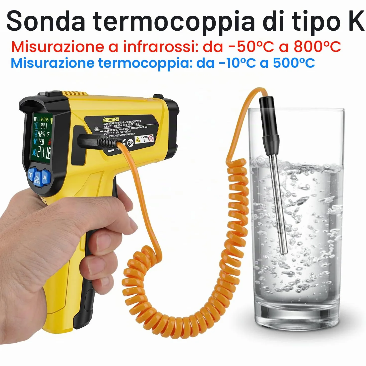 MESTEK Termometro a Infrarossi Digitale Laser -50°C 800°C con Sonda K Schermo LCD Colori