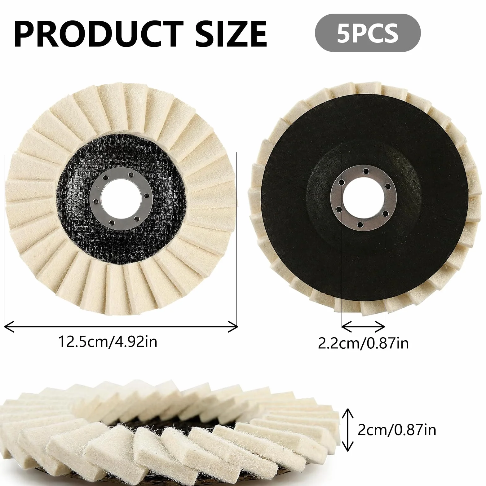 5 dischi per lucidatura in feltro, 125 mm x 22,2 mm, per smerigliatrice angolare Flex Lucidatura, dischi in feltro di lana per levigare e lucidare vernice, legno, acciaio inox e plastica