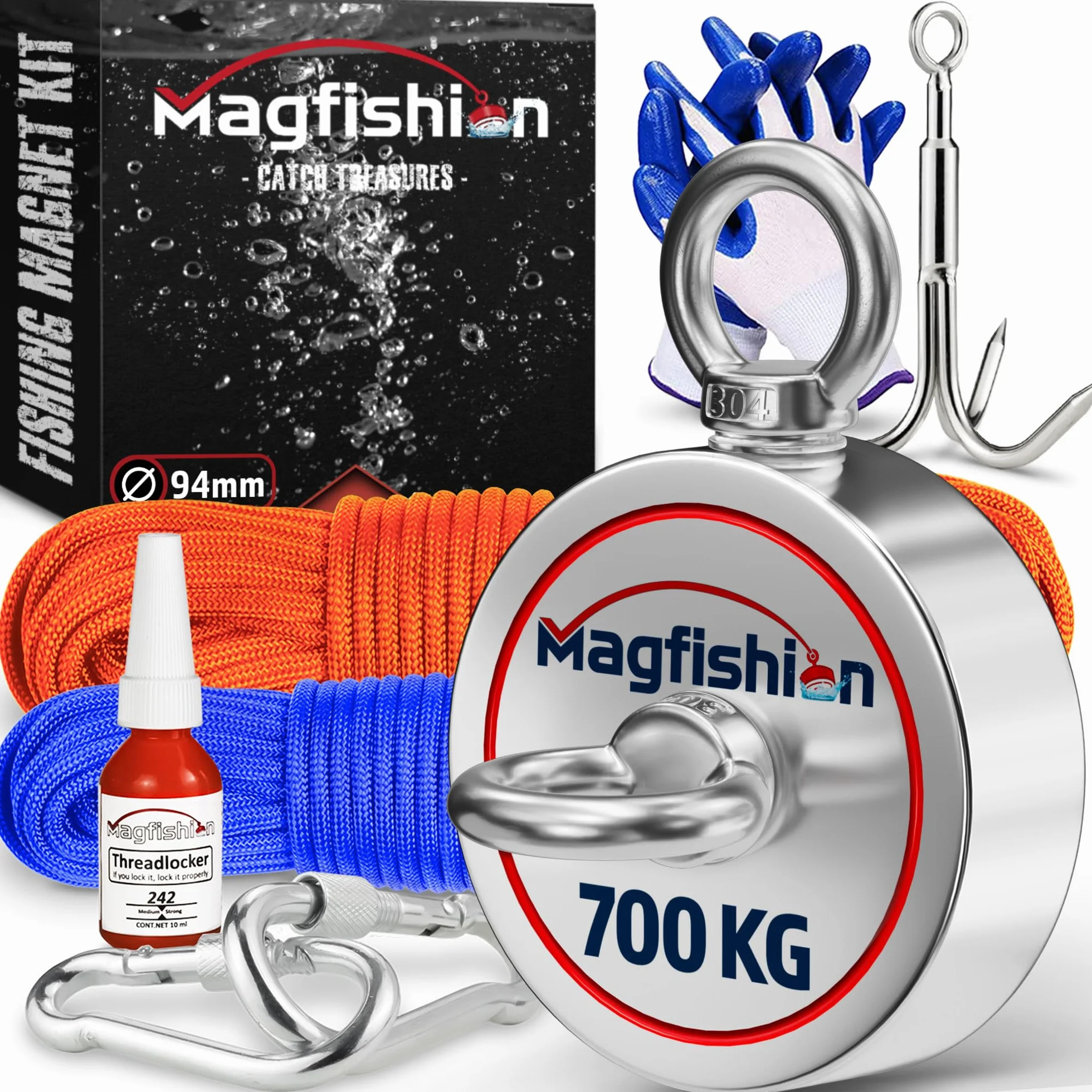 MAGFISHION Calamita Potente - Set di Magnete da Pesca - Forza di Trazione 700KG (2x 350KG) - Ø94mm - Magneti al Neodimio - Calamite Potenti con 2 Corde, Grappino & Guanti - Magnet Fishing