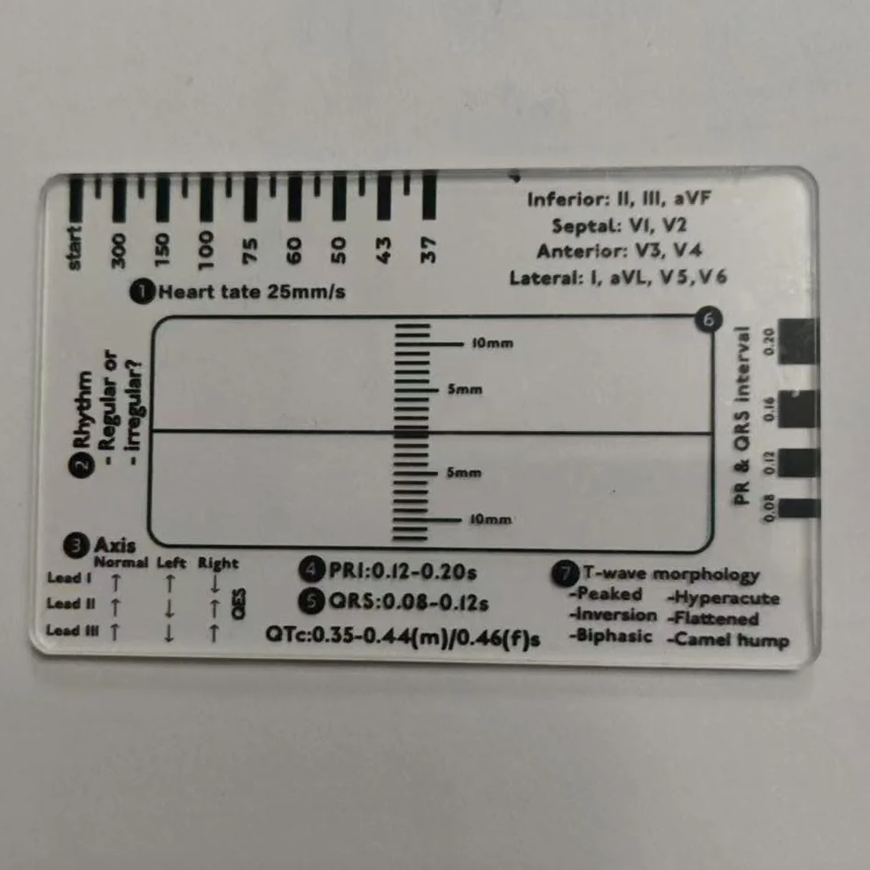 Righello ECG a 7 fasi con carte identificative trasparenti - Strumento di interpretazione per battito cardiaco, ritmo, asse, PR, QRS, elevazione/depressione ST, onda T (2 pezzi)