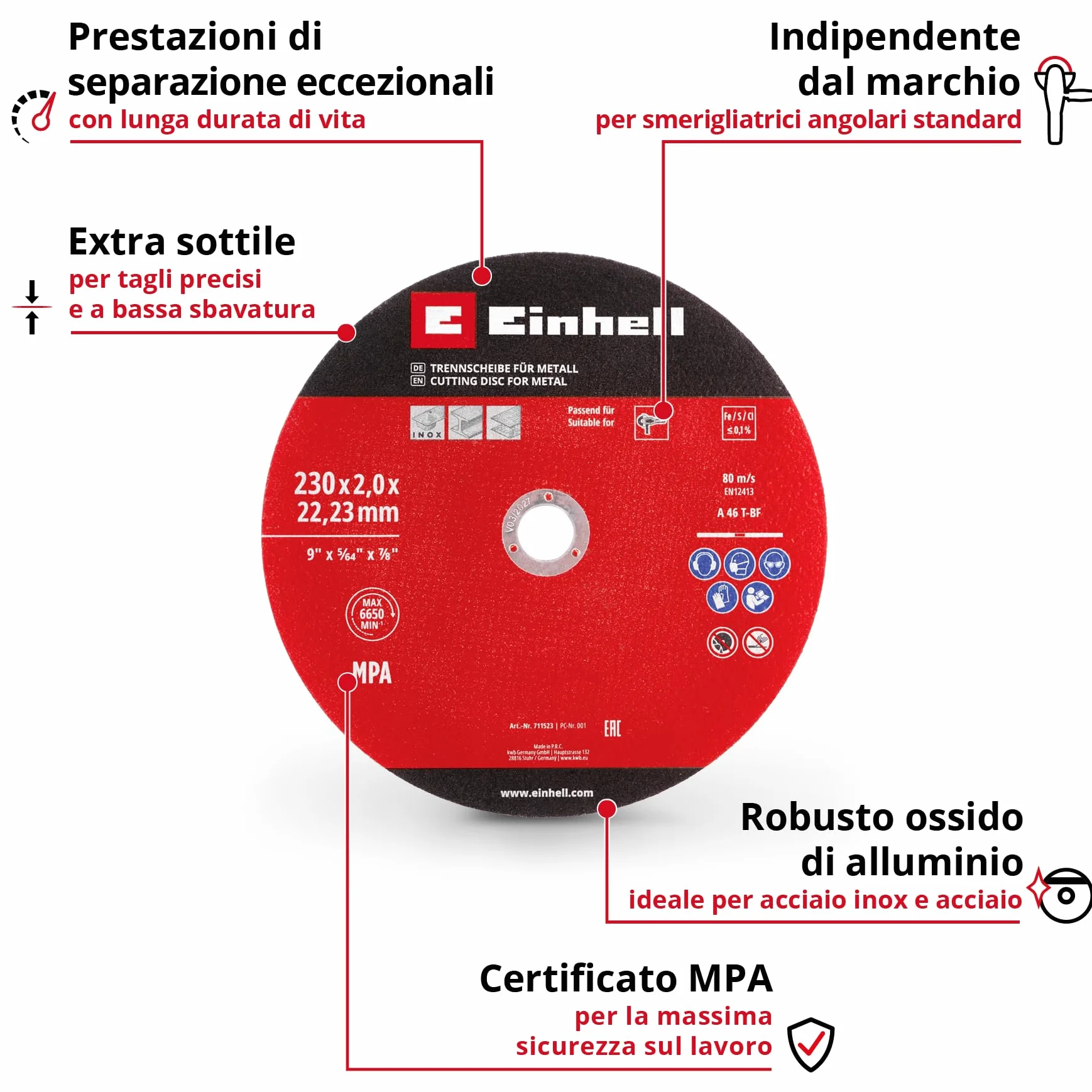 Originale Einhell Set di 3 pezzi di dischi da taglio sottili per metallo, Ø 230 mm (spessore 2 mm, certificato MPA, lunga durata, tagli precisi e a bassa sbavatura, per smerigliatrici angolari)