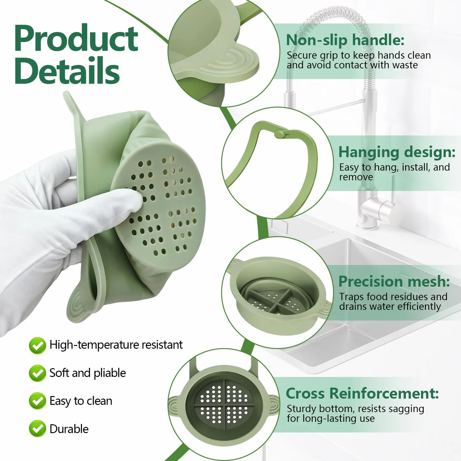 Pieghevole Cestello di Scarico per Lavello da Cucina, Cestello Filtro per Lavandino in Silicone, Rimovibile da Appendere, per Filtrare i Residui di Cibo e Prevenire L'Intasamento del Lavello (Verde)