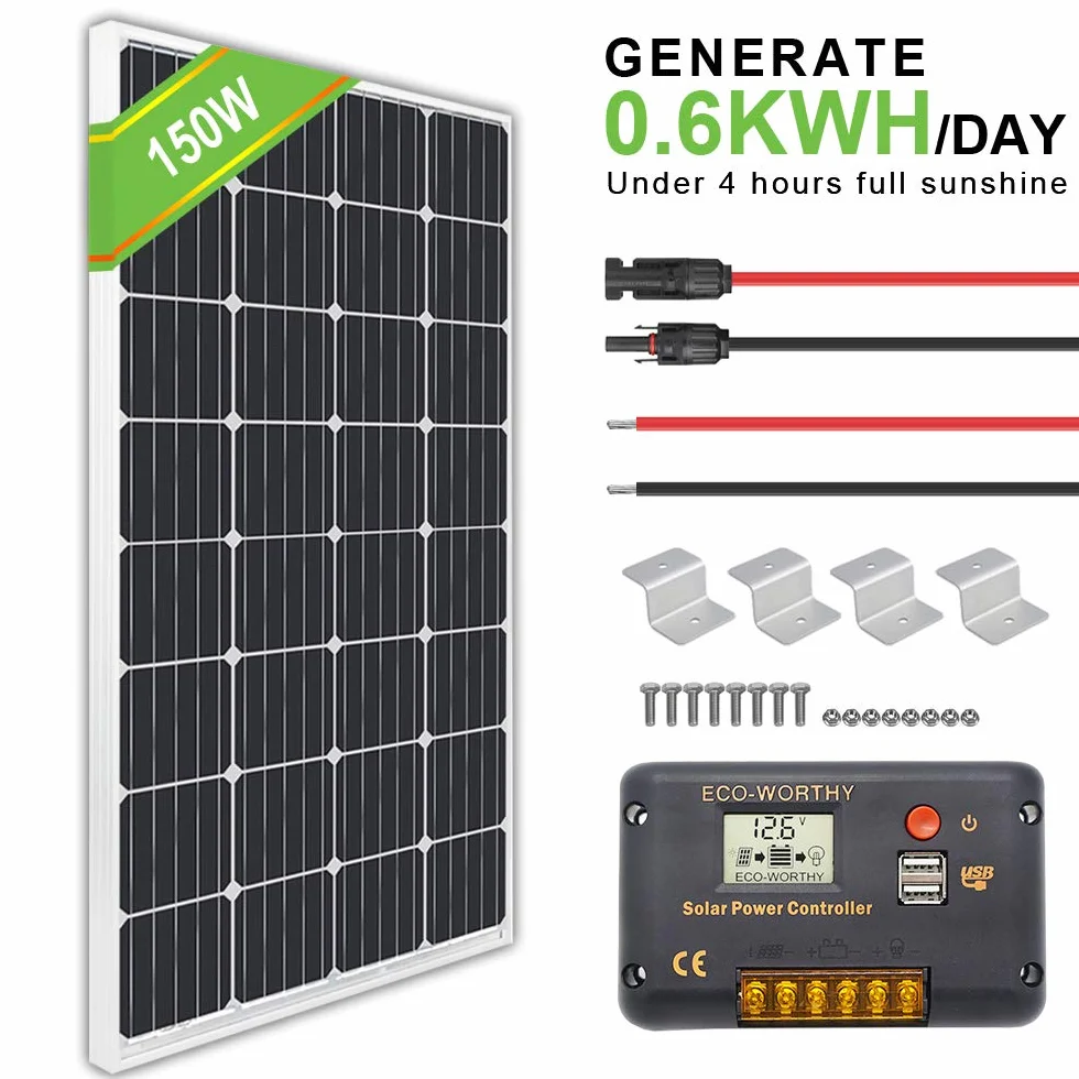 ECOWORTHY 150W 12V Mono Solar Starter Kit con 20 A Amp LCD regolatore di carica per off-grid RV barca camper