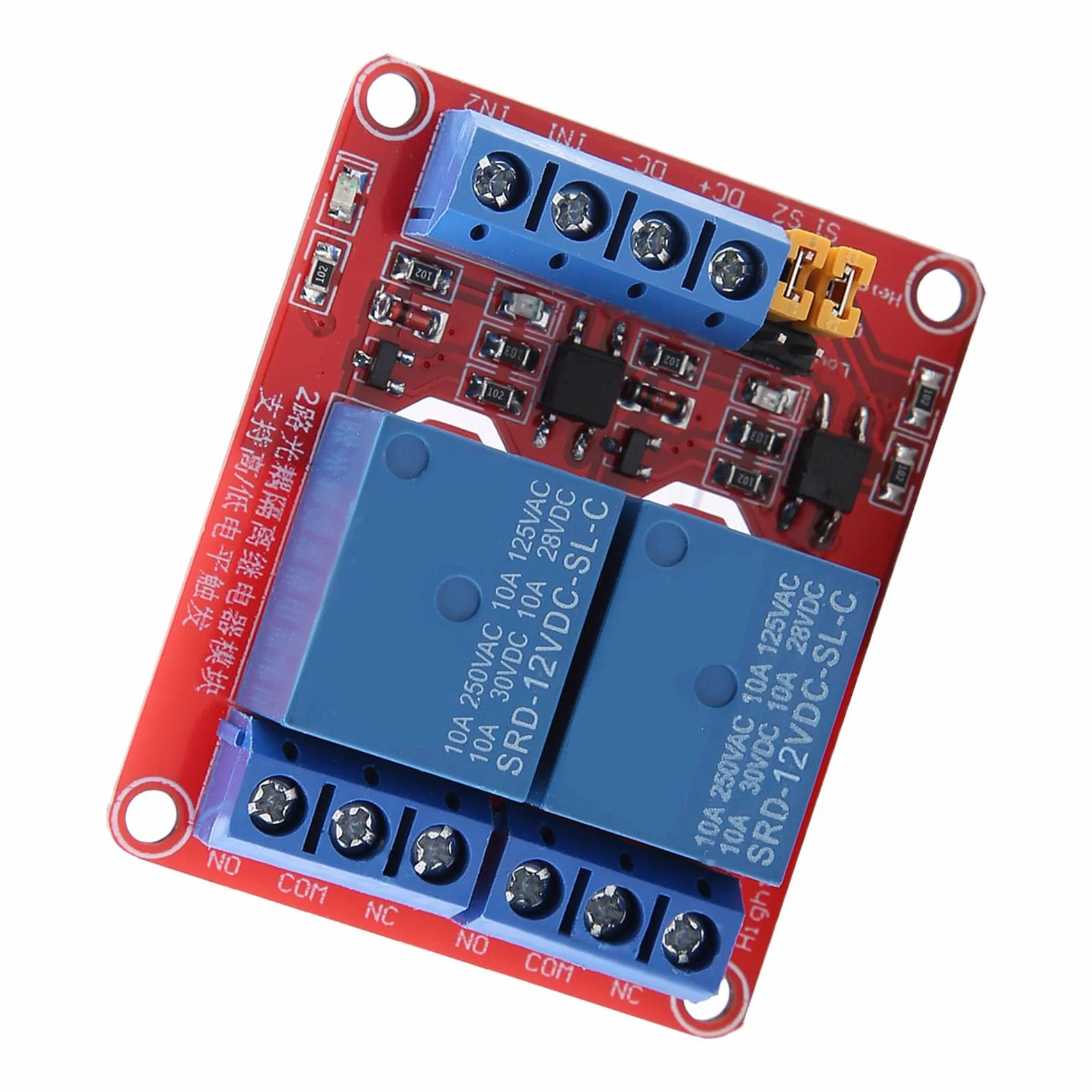 Modulo Relè con Accoppiatore Ottico, 2 Canali, 5V, Scheda di Espansione con Isolamento Ottico, Alto e Basso Livello di Attivazione, 12V