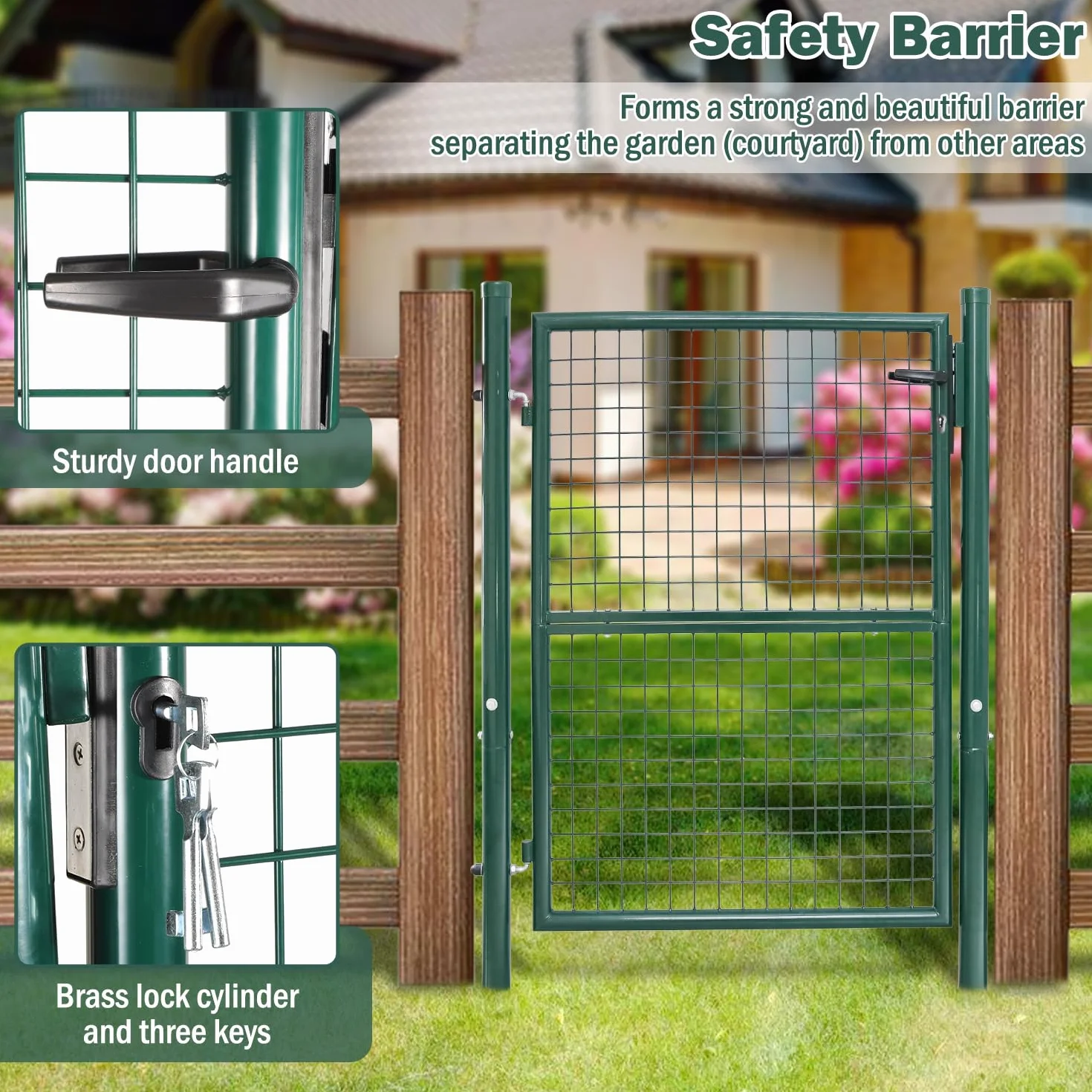 Cancello da giardino, 150 x 100 cm, in acciaio zincato, porta da giardino per recinzione, cancello da giardino, con manico in acciaio inox e 3 chiavi, colore: verde
