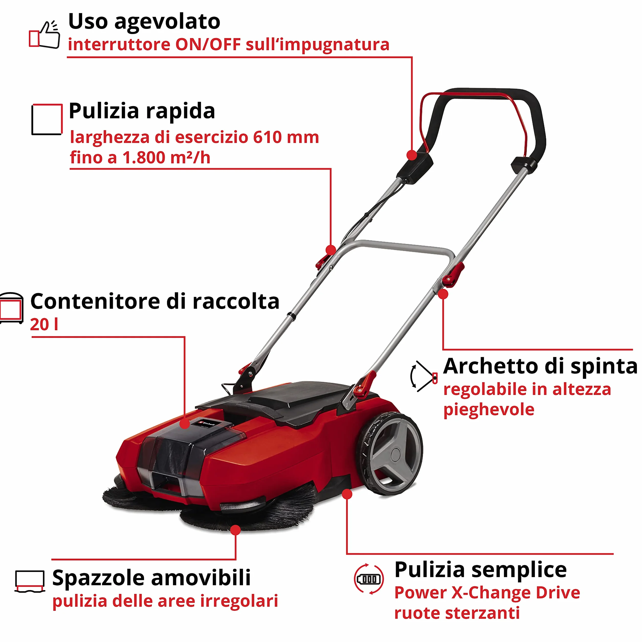 Einhell Spazzatrice A Batteria Te-Sw 18/610 Li-Solo Power X-Change (Ioni Di Litio, 18 V, Contenitore Per Sporcizia Da 20 Litri, Posizione Di Parcheggio, Guarnizione Amovibile, Interruttore On/Off)