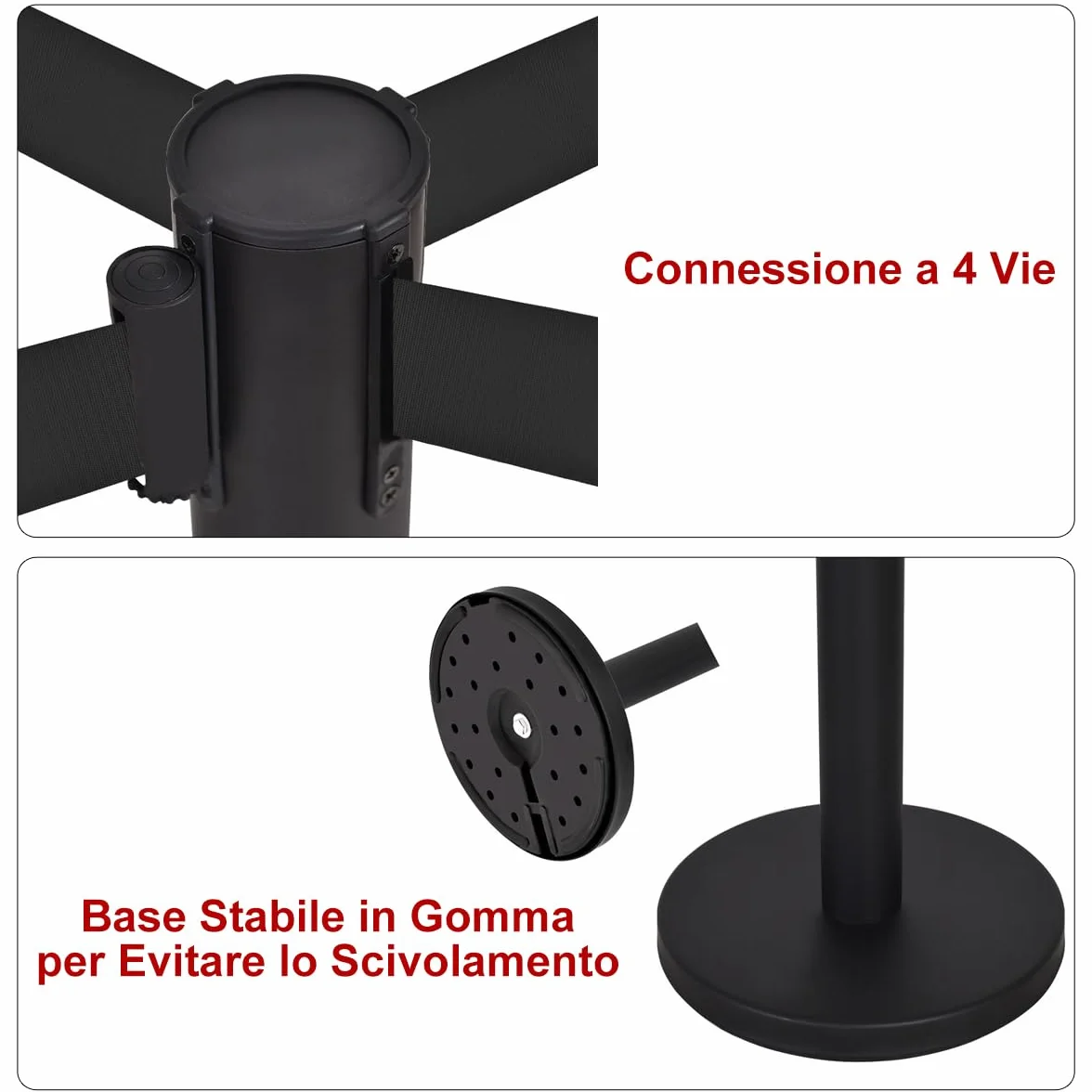 GYMAX Set di 4 Paletti per la Fila d'Attesa Neri con Corda Nera, Paletti di Guida Neri Retrattili con Cintura Retrattile di 2M, Paletti di Separazione Retrattili, Fila d'Attesa, Nero