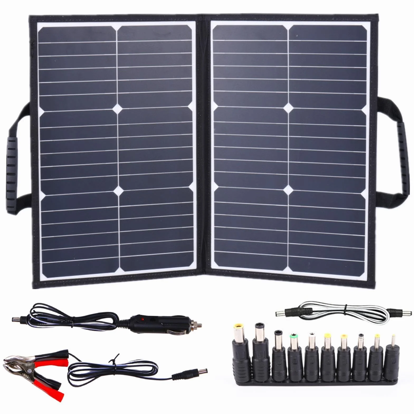 Kit di pannelli portatili,Caricatore solare pieghevole da 60 W con | morsetto per batteria e cavo CC | Kit pannello solare per campeggio, camper, marina, telecamera con 2 uscite USB