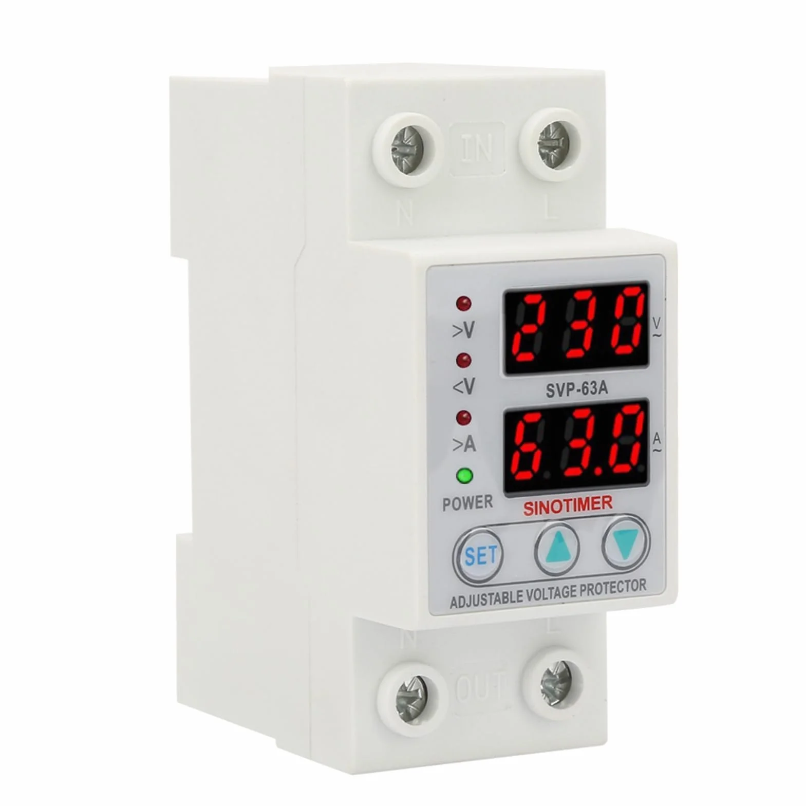 AC230V 63A Protezione Corrente di Tensione per Dispositivo di Protezione Sovratensione/Sottotensione Doppio Display a LED Protezione Monofase a Bassa Tensione Installazione su Guida DIN