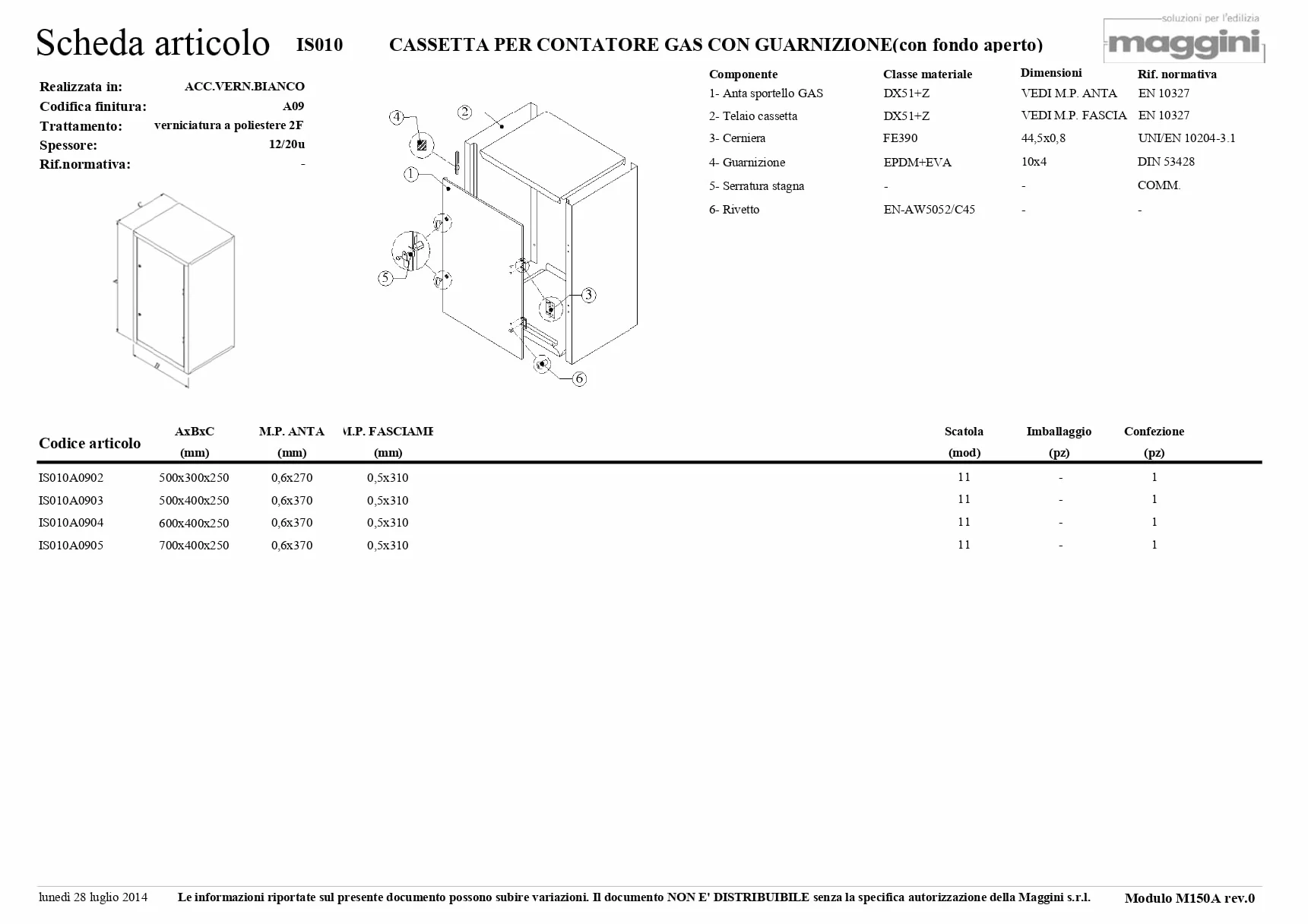 CASSETTA PER CONTATORE GAS IN ACCIAIO VERNICIATO BIANCO CON GUARNIZIONE FONDO APERTO(h. 60 x l. 40 x p. 25)