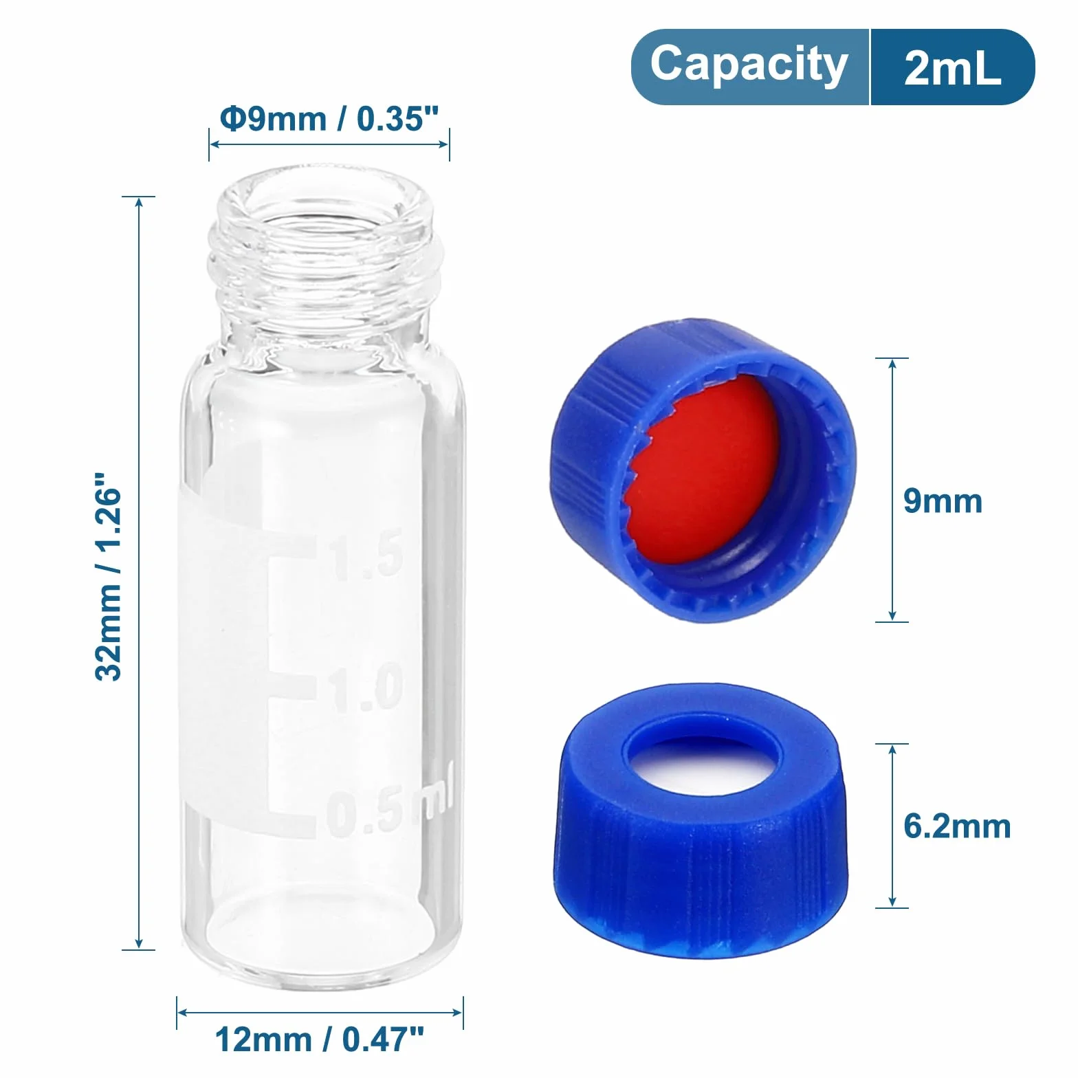 PATIKIL 2ml Autocampionatore Vial, 100pz HPLC/GC Fiale 9-425 Laboratorio Trasparente Fiale campioni Fiala Vite Cappuccio Scrittura Toppa Rosso PTFE & Bianco Silicone Setti per LC Stampino