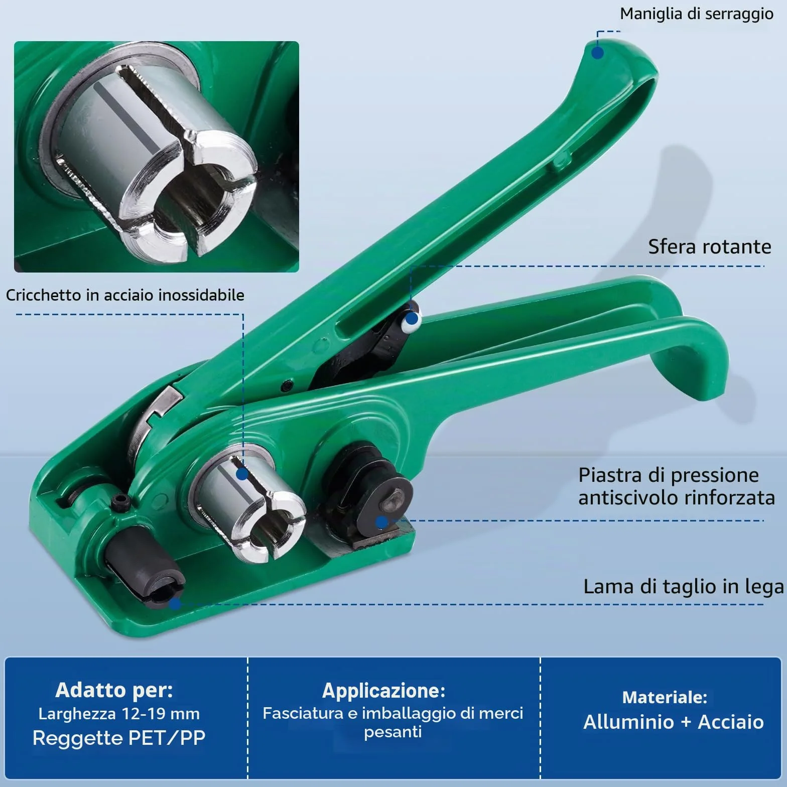 BAOSHISHAN Set di reggiatura manuale per impacchettamento per pallet resistente (1 tenditore, 1 sigillante, reggiatura in PET/poliestere da 200 metri, 100 fibbie, 20 angoli di imballaggio, 1 guanti)