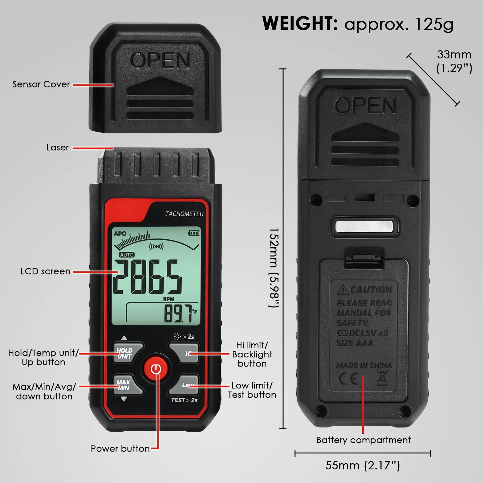 Tachimetro Digitale Senza Contatto RPM Misuratore di Velocità Strumento Laser Foto Tachimetro con 2.5~99999 RPM, Scala a Barre Analogica | Allarmi Personalizzati per Tester di Velocità Motore HVAC