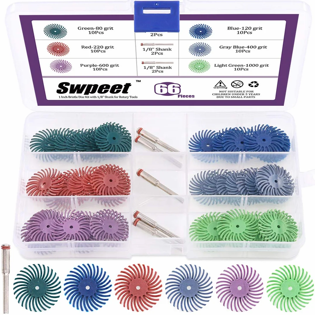 Sweet - Disco abrasivo con gambo da 1/8" per utensili rotanti per pulizia e sbavatura, 66 pezzi, grana mista 80/120/220/400/600/1000