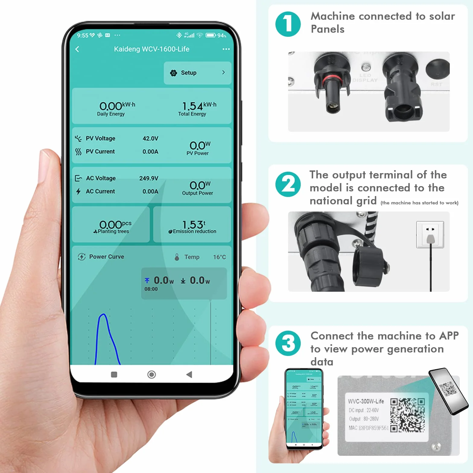 Micro Inverter Micro Solar Inverter MPPT Grid Tie Converter con sistema di monitoraggio del telefono cellulare WiFi(WVC-1600W)