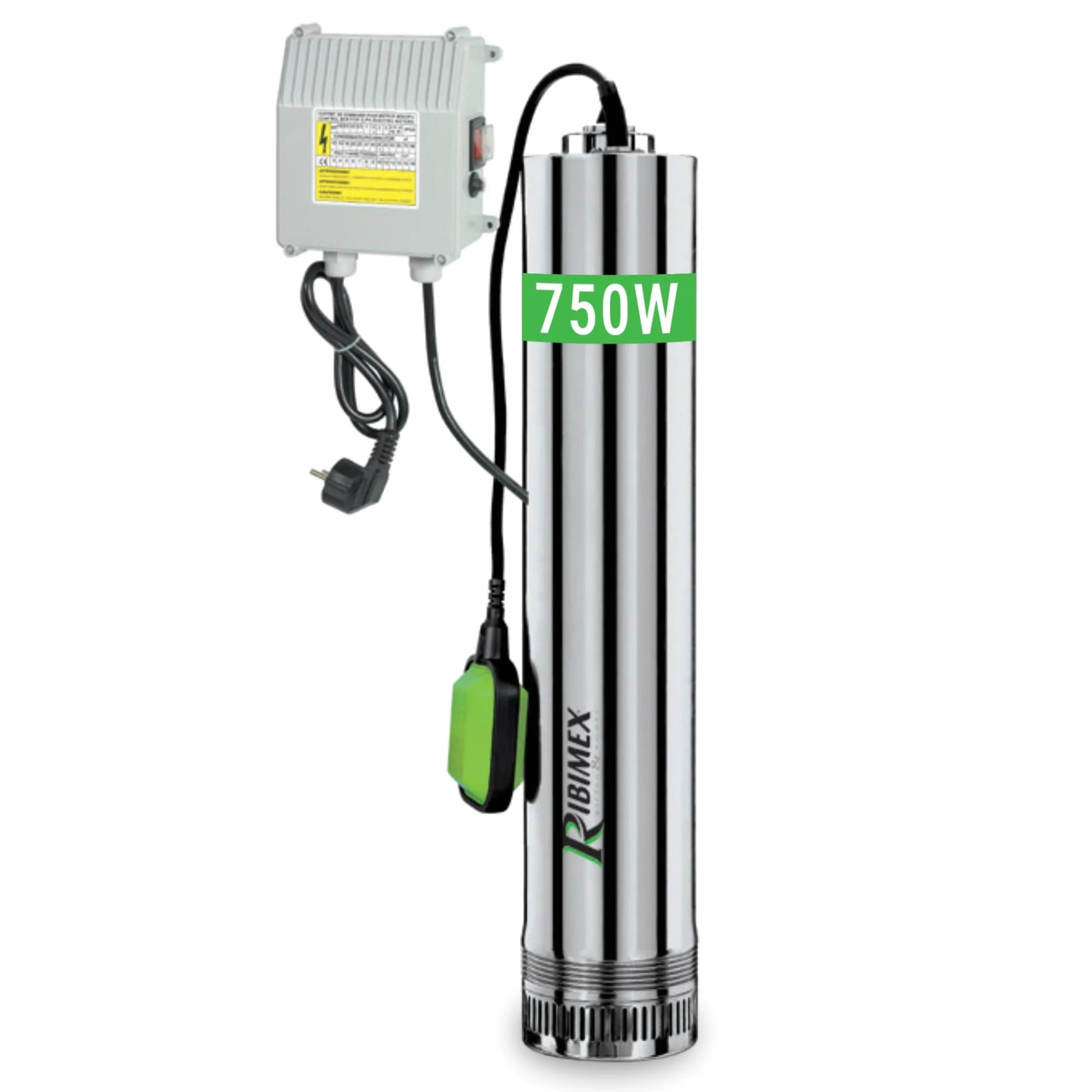 Ribimex Pompa Sommersa per Pozzi 4 Turbine, Acque Chiare, 750W, Portata 8000L/h, Immersione Max 15 m, Prevalenza 43 m, in Acciaio Inox, Ideale per Pozzi, Cisterne e Serbatoi - PRPVC751/43F