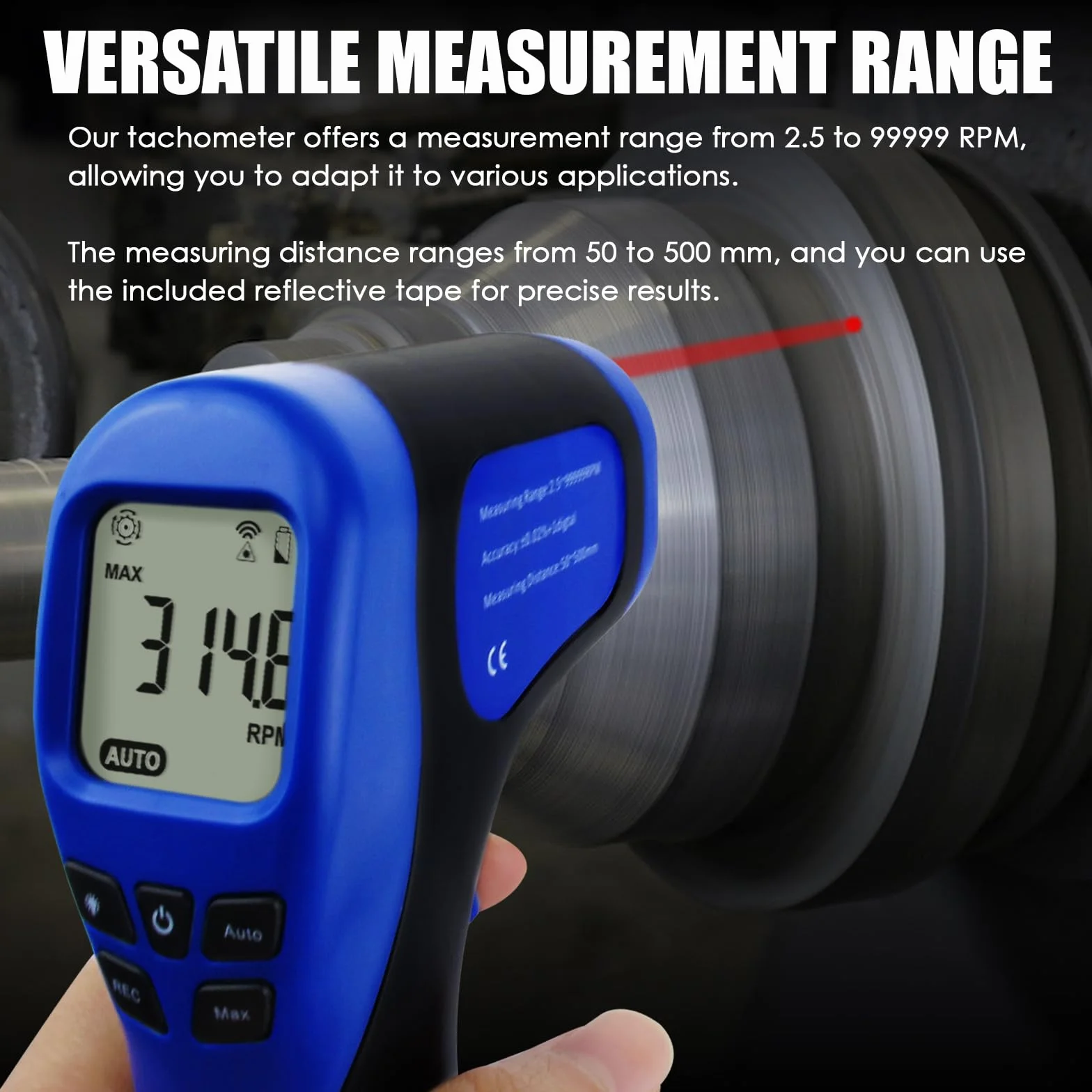 Tachimetro Digitale Portatile Senza Contatto Tachimetro Fotografico Tester Di Velocità Del Motore Tester Rotazionale (60 Dati) Gamma Di Misurazione: 2,5-99999RPM Distanza: 50~500mm