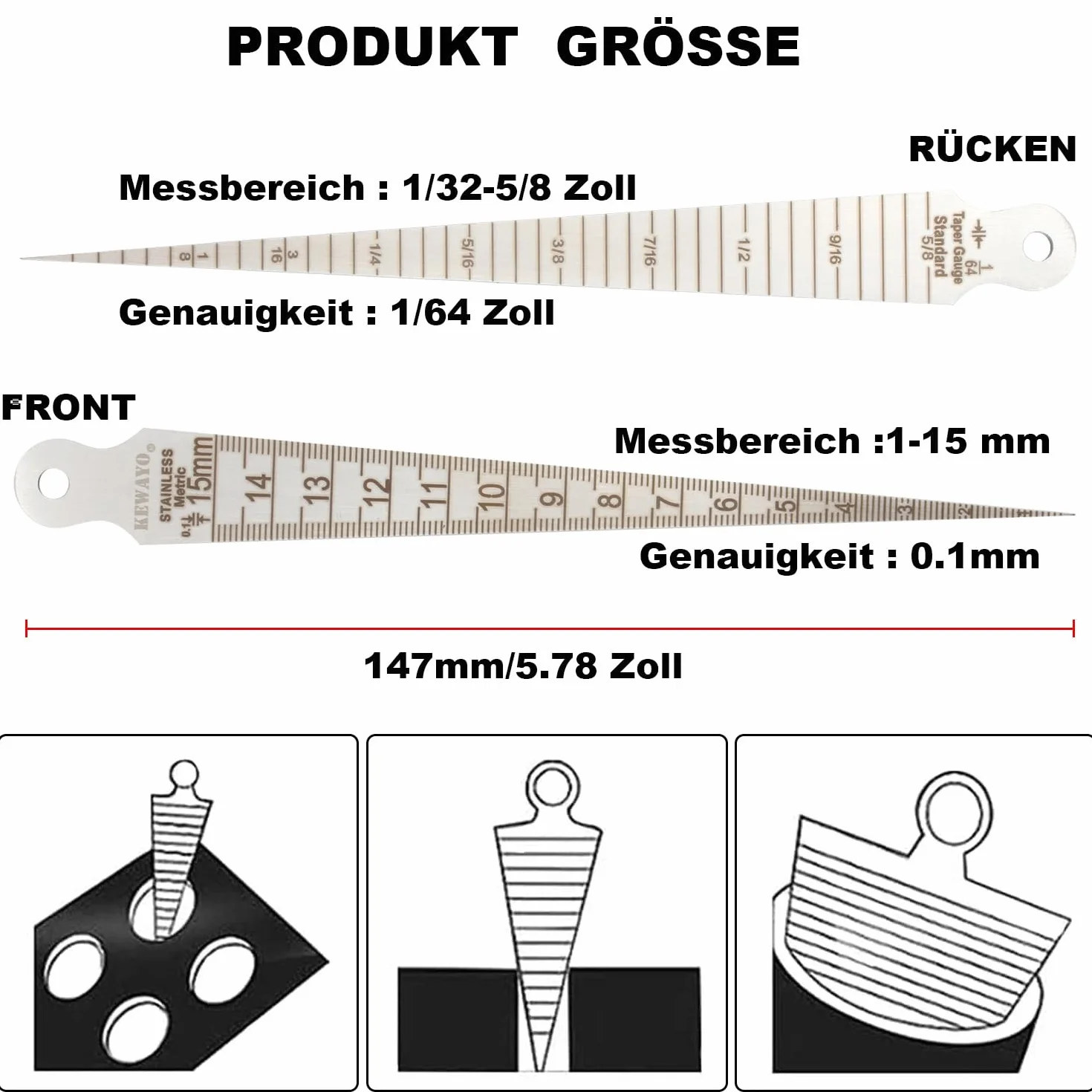 Gap Taper Gauge 1-15mm 1/32-5/8 pollici acciaio inox spessore calibro saldatura