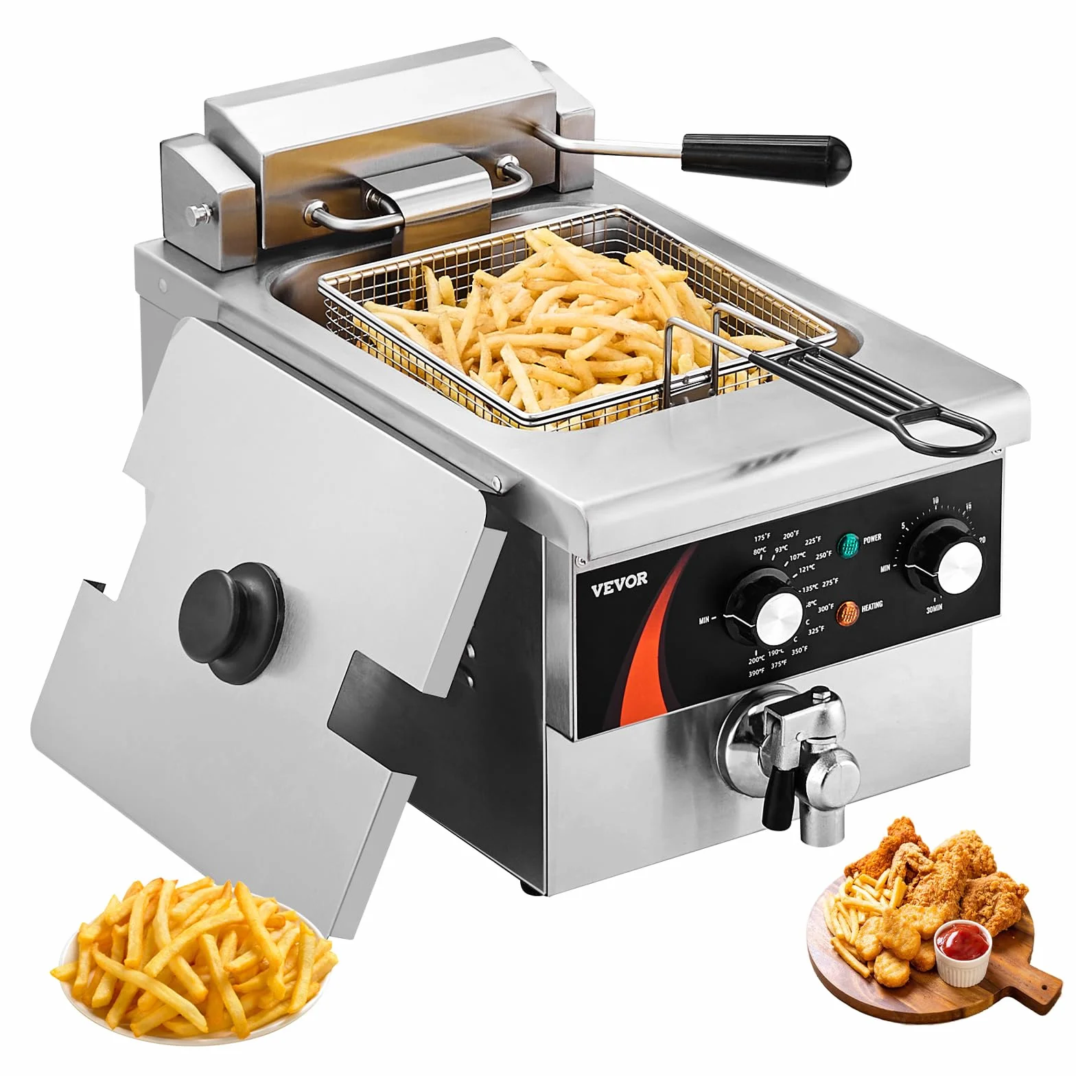 VEVOR Friggitrice Professionale Elettrica da Piano 3000W con Cestello, Friggitrice a Olio Singolo 8,5 L, Acciaio Inox Addensato da 1 mm, Controllo Tempo Temperatura, Uso Cucina Ristorante, Argento