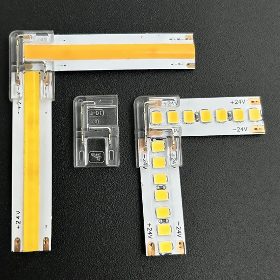 20 connettori a forma di L a 2 pin da 10 mm per strisce luminose LED COB, senza saldature, trasparenti, per strisce di luci SMD COB 5050 ad alta densità (10 mm)