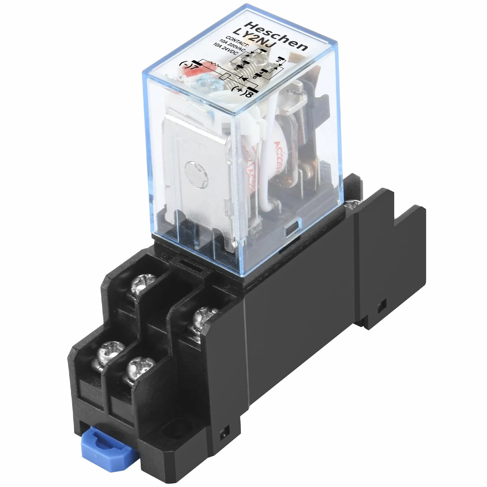 Heschen Relè per uso generico, LY2NJ, bobina 220VAC, 10A 24VDC/220VAC, DPDT, indicatore LED, con base a bussola