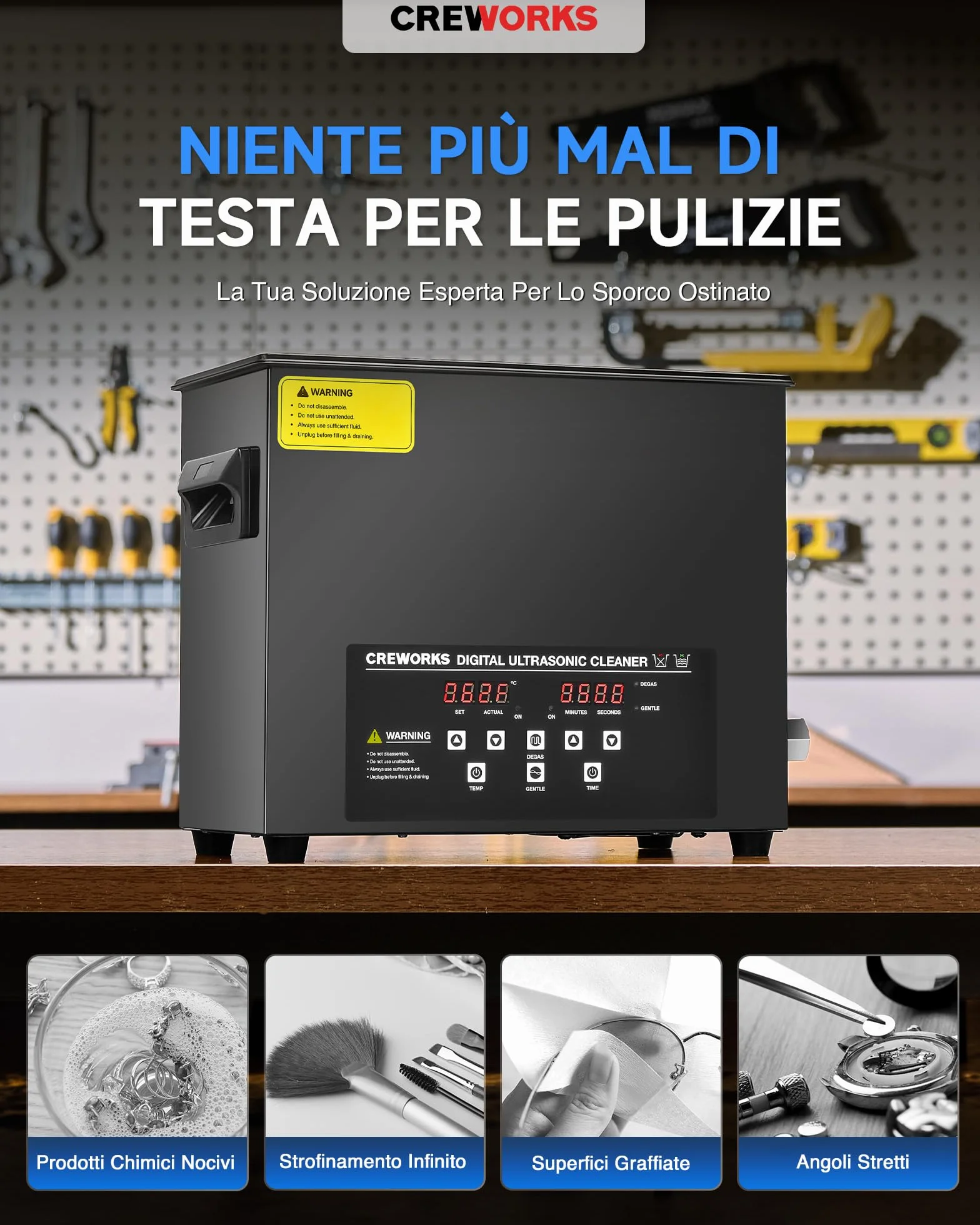 CREWORKS 6.5L Pulitore Ultrasuoni con Modalità Degas e Delicata Timer, 180W Pulizia Ultrasuoni con Timer, Pulitore Ultrasuoni Professionale per Ricambi Auto, Occhiali, Gioielli, Dentiere (6.5L 180W)