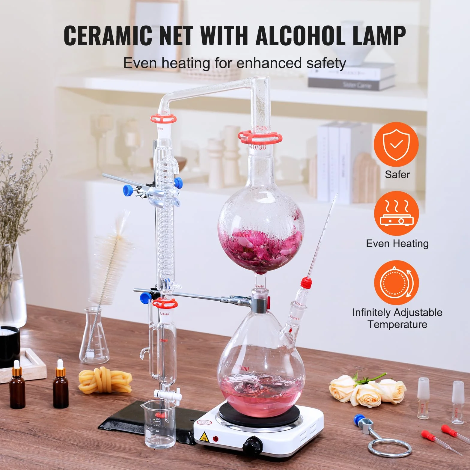 VEVOR Kit di distillazione di oli essenziali, 2000 ml, kit di distillazione di vetreria da laboratorio 3.3 Boro con piastra riscaldante da 1000 W e 24, 40 giunti, set da 28 pezzi