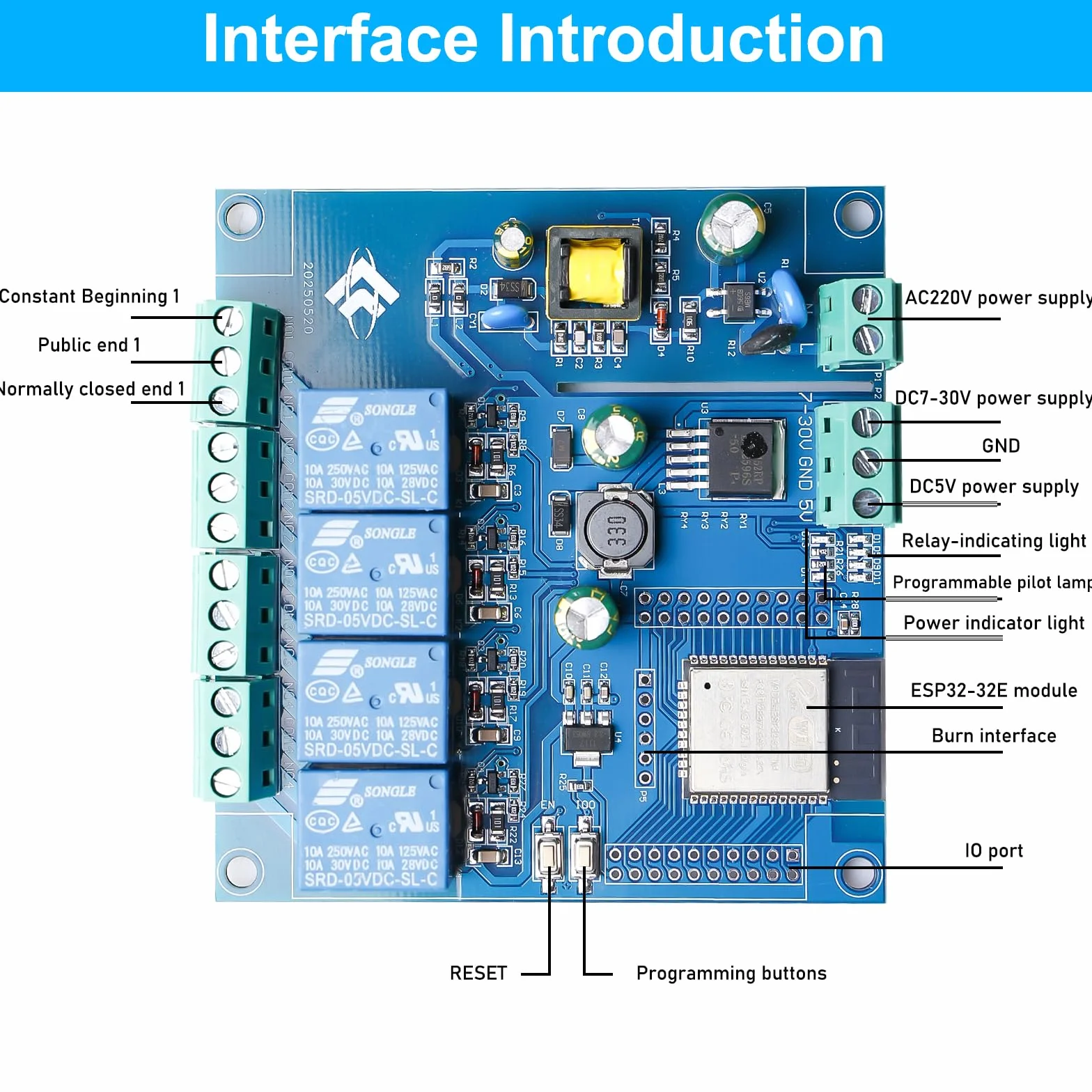 ESP Modulo relè a 4 canali con ESP-32 WiFi Bluetooth, DC5-30V/AC220V, scheda di sviluppo per progetti fai da te Smart Home & IoT, facile programmazione con Arduino IDE