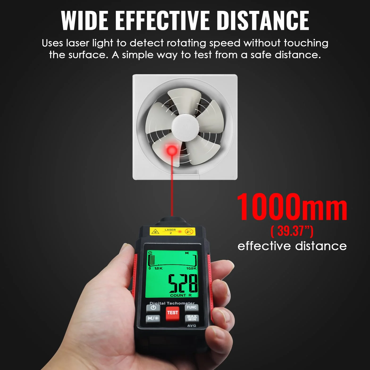 Tachimetro laser contactless RPM 10-99999 giri/min, alta precisione con nastro riflettente, retroilluminazione LCD e max/min/media, funzione di supporto dati, sensore di rotazione per gebra domestica
