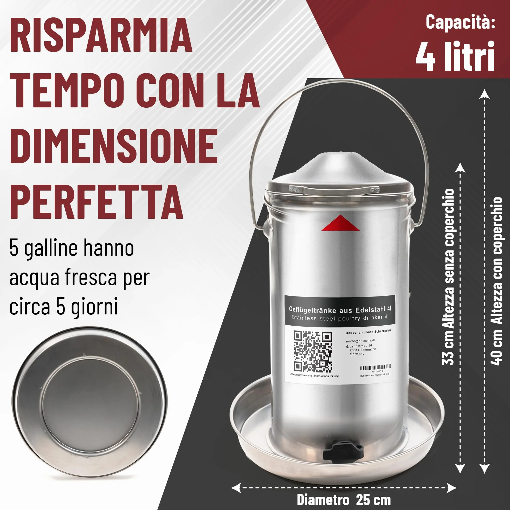 Abbeveratoio per Galline 4L in Acciaio Inox 304 (V2A) – Riempimento dall'alto, compatibile con riscaldatori e piastre riscaldanti, per pollaio